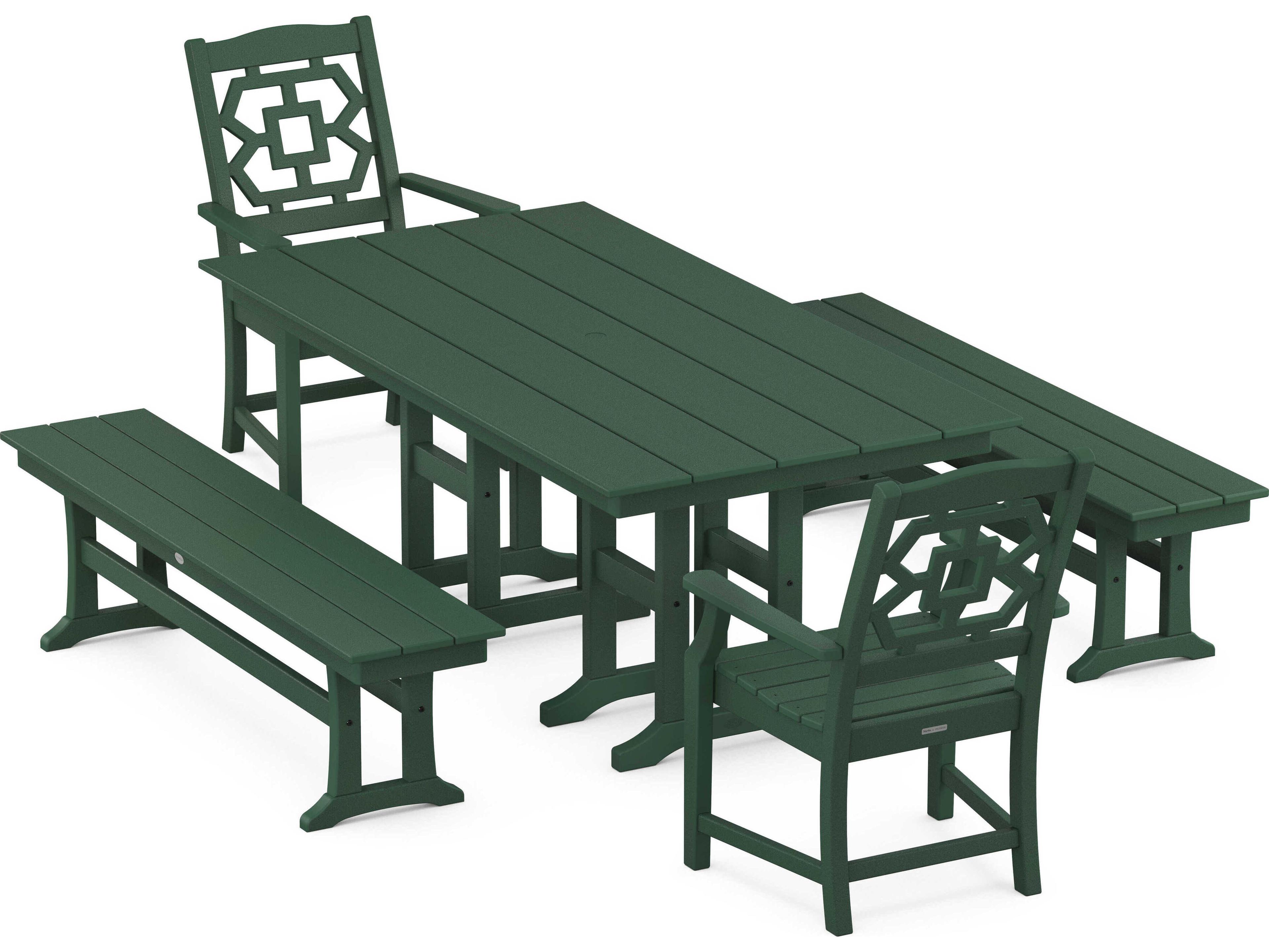 POLYWOOD® Martha Stewart Chinoiserie 5-Piece Farmhouse Outdoor Dining Set with Benches