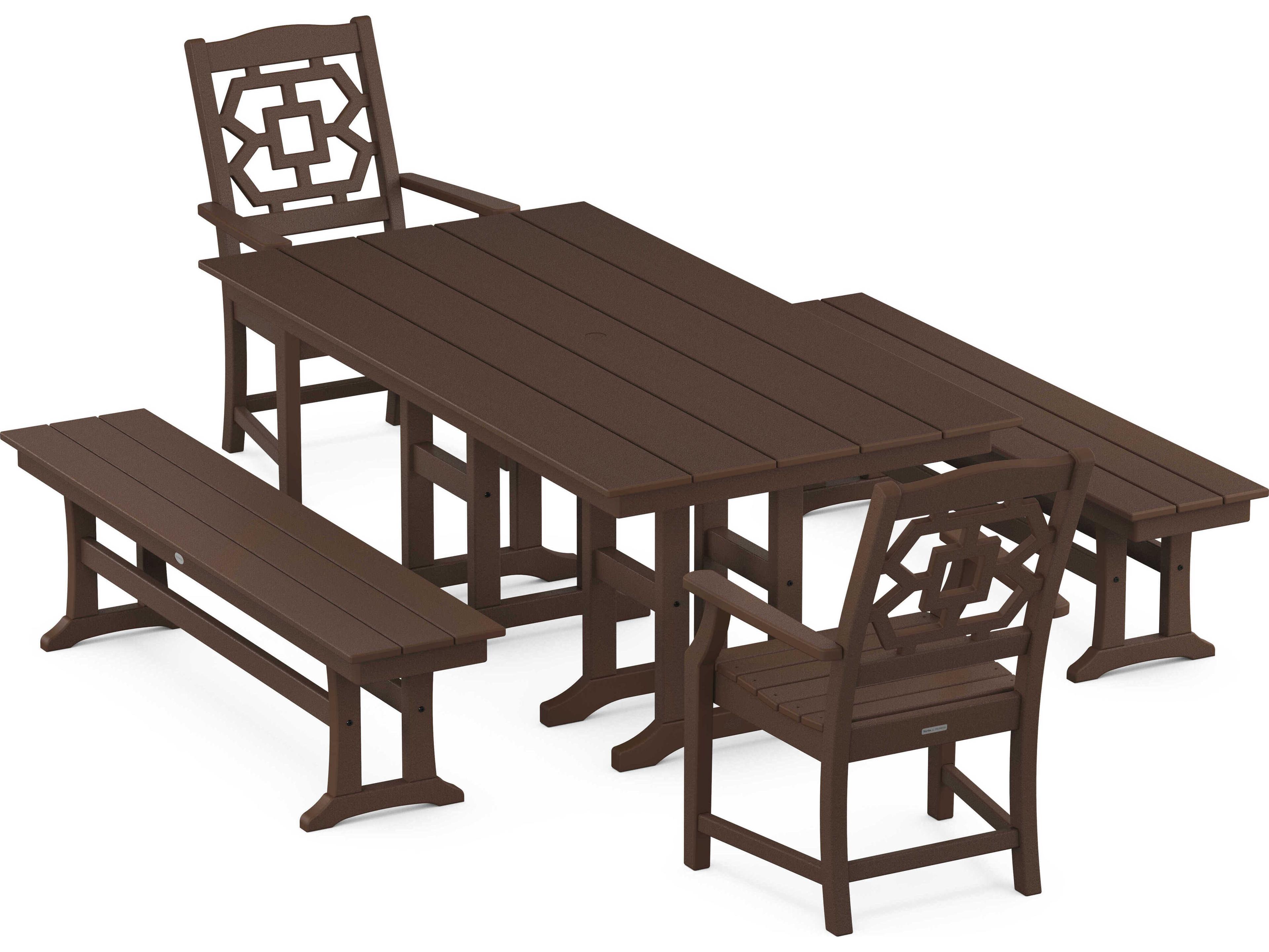 POLYWOOD® Martha Stewart Chinoiserie 5-Piece Farmhouse Outdoor Dining Set with Benches