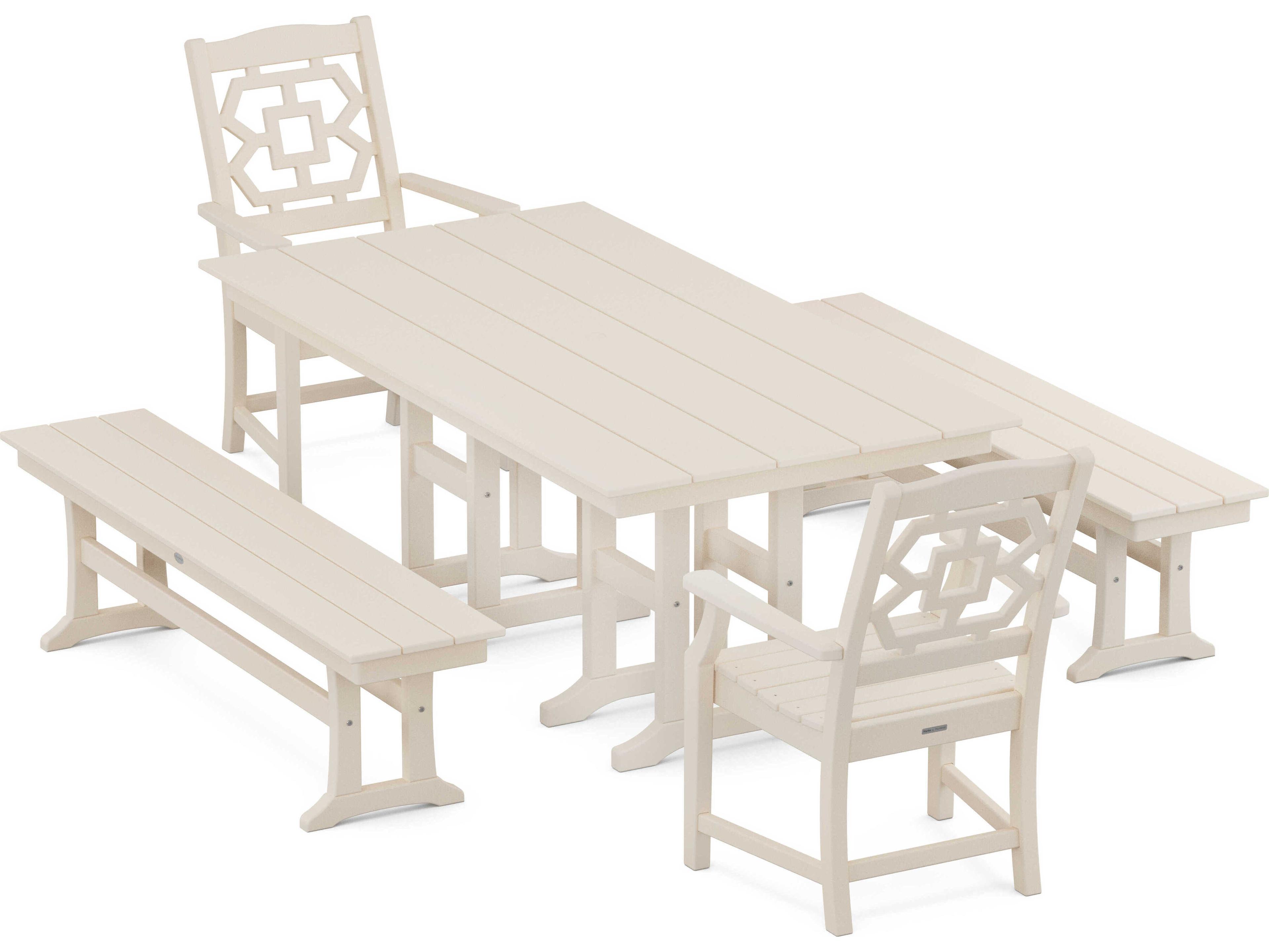 POLYWOOD® Martha Stewart Chinoiserie 5-Piece Farmhouse Outdoor Dining Set with Benches