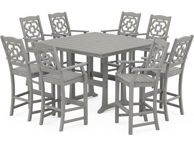 POLYWOOD® Martha Stewart Chinoiserie 9-Piece Square Bar Set with Trestle Legs