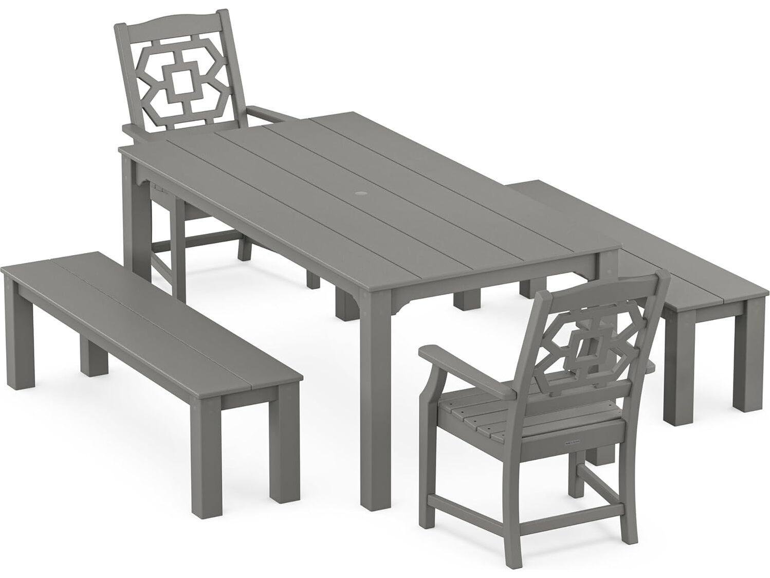 POLYWOOD® Martha Stewart Exclusive Chinoiserie 5-Piece Parsons Outdoor Dining Set with Benches