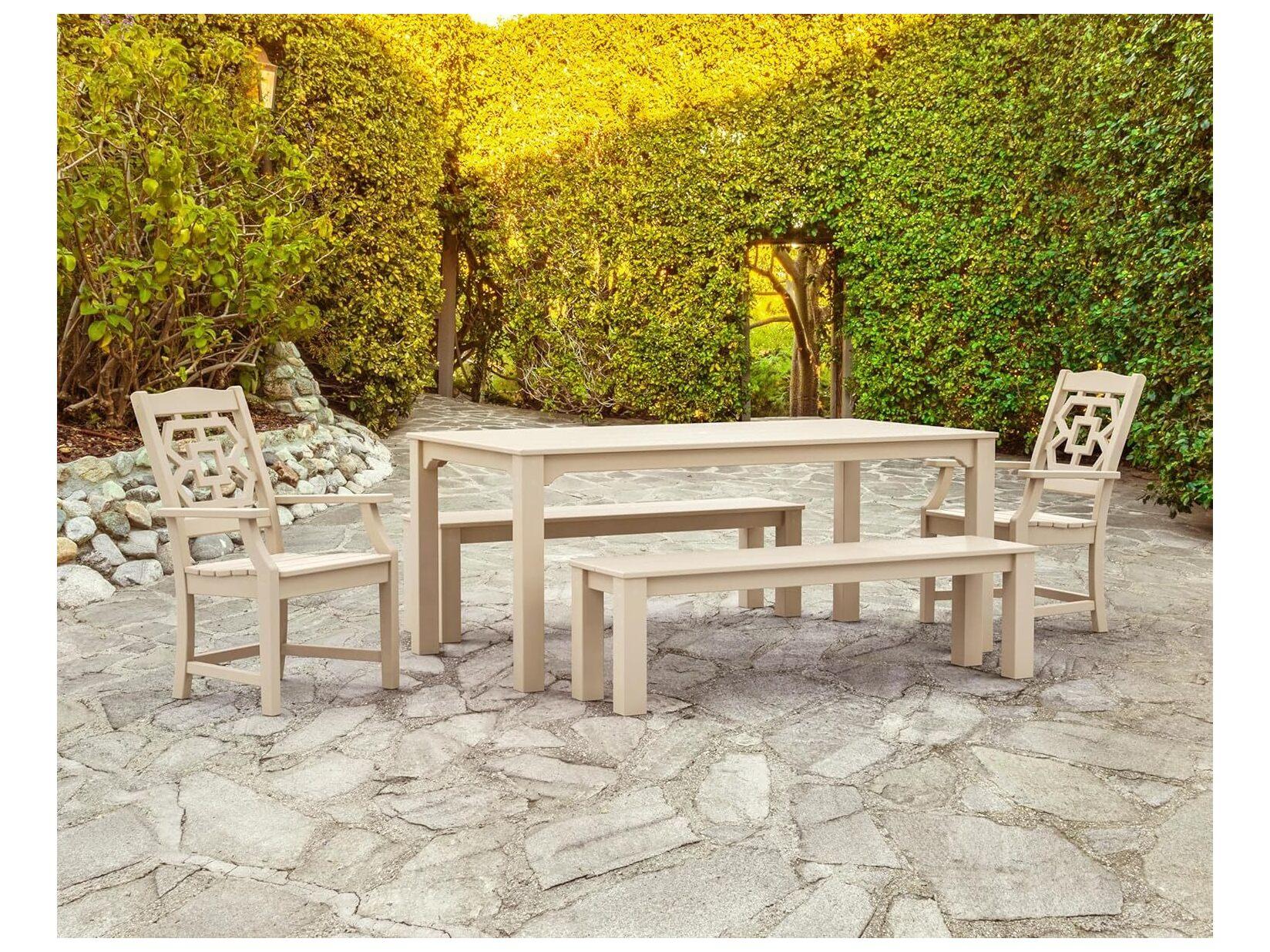 POLYWOOD® Martha Stewart Exclusive Chinoiserie 5-Piece Parsons Outdoor Dining Set with Benches