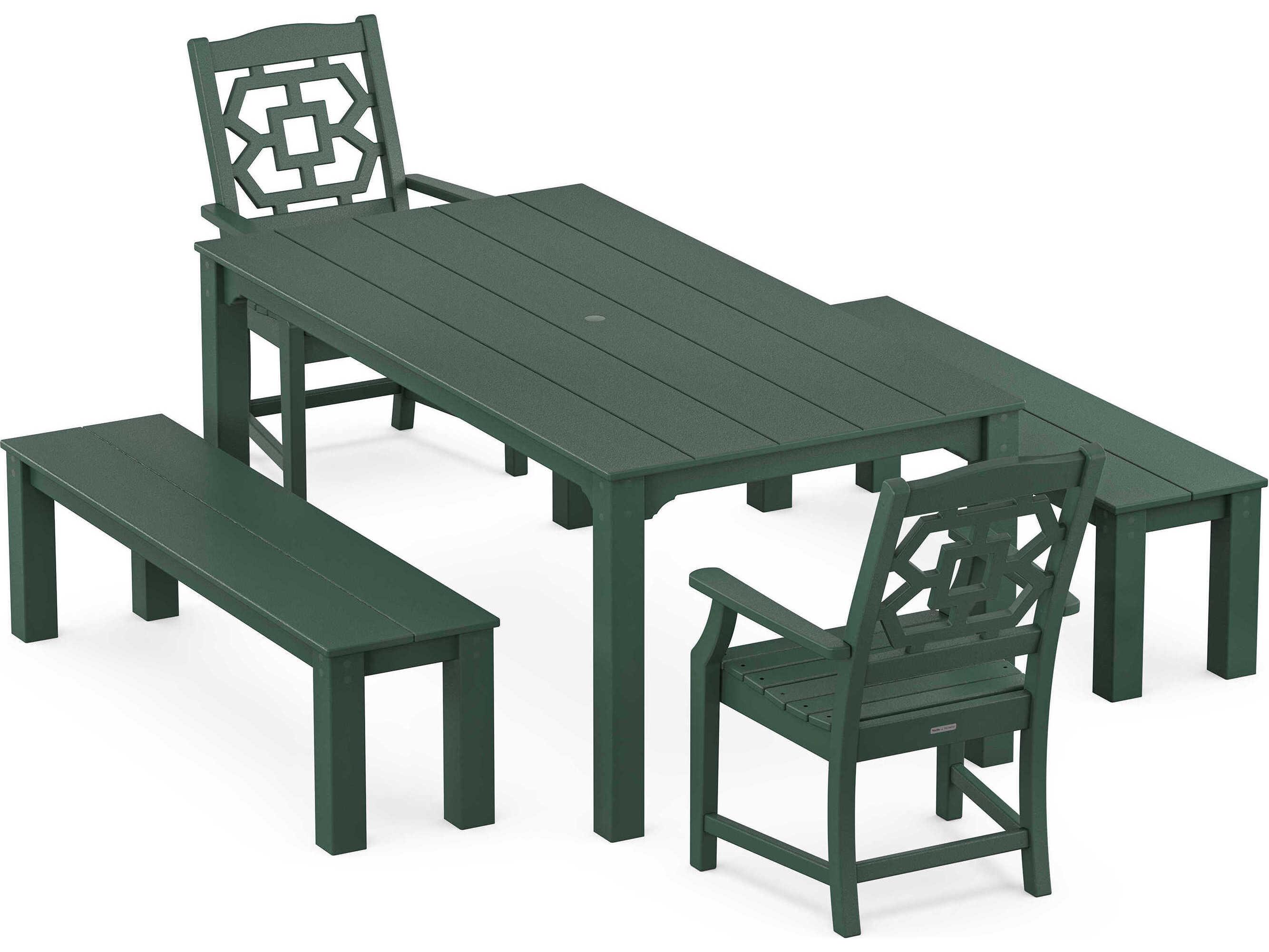 POLYWOOD® Martha Stewart Exclusive Chinoiserie 5-Piece Parsons Outdoor Dining Set with Benches
