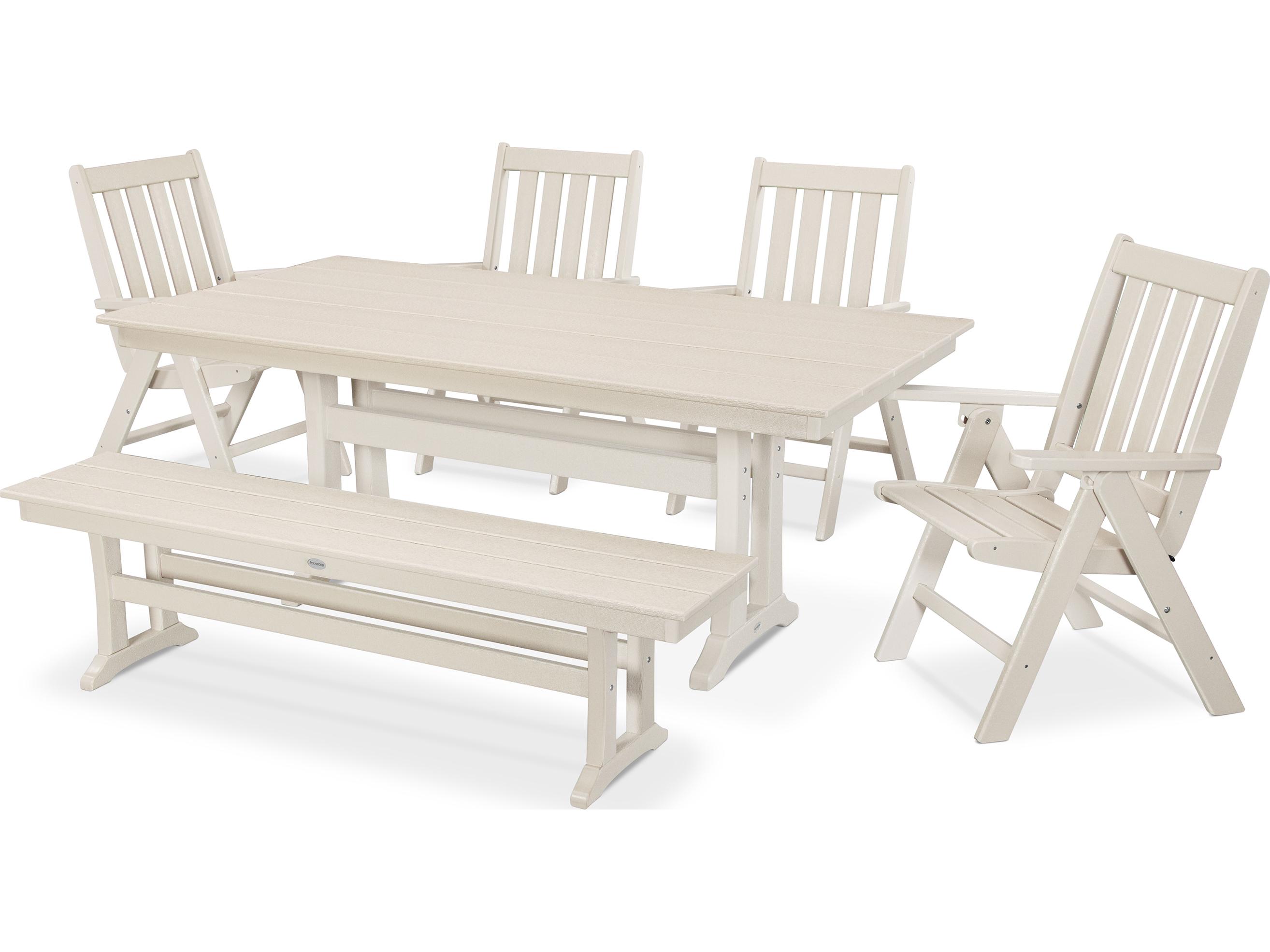 POLYWOOD® Vineyard Recycled Plastic 6 Piece Farmhouse Folding Outdoor Dining Set with Bench