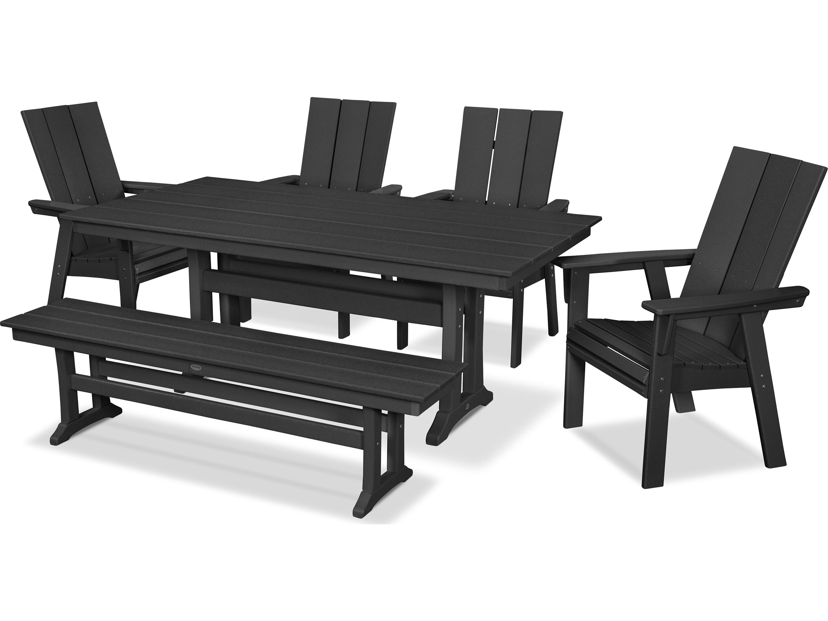 POLYWOOD® Modern Recycled Plastic 6 Piece Farmhouse Outdoor Patio Dining Set with Bench