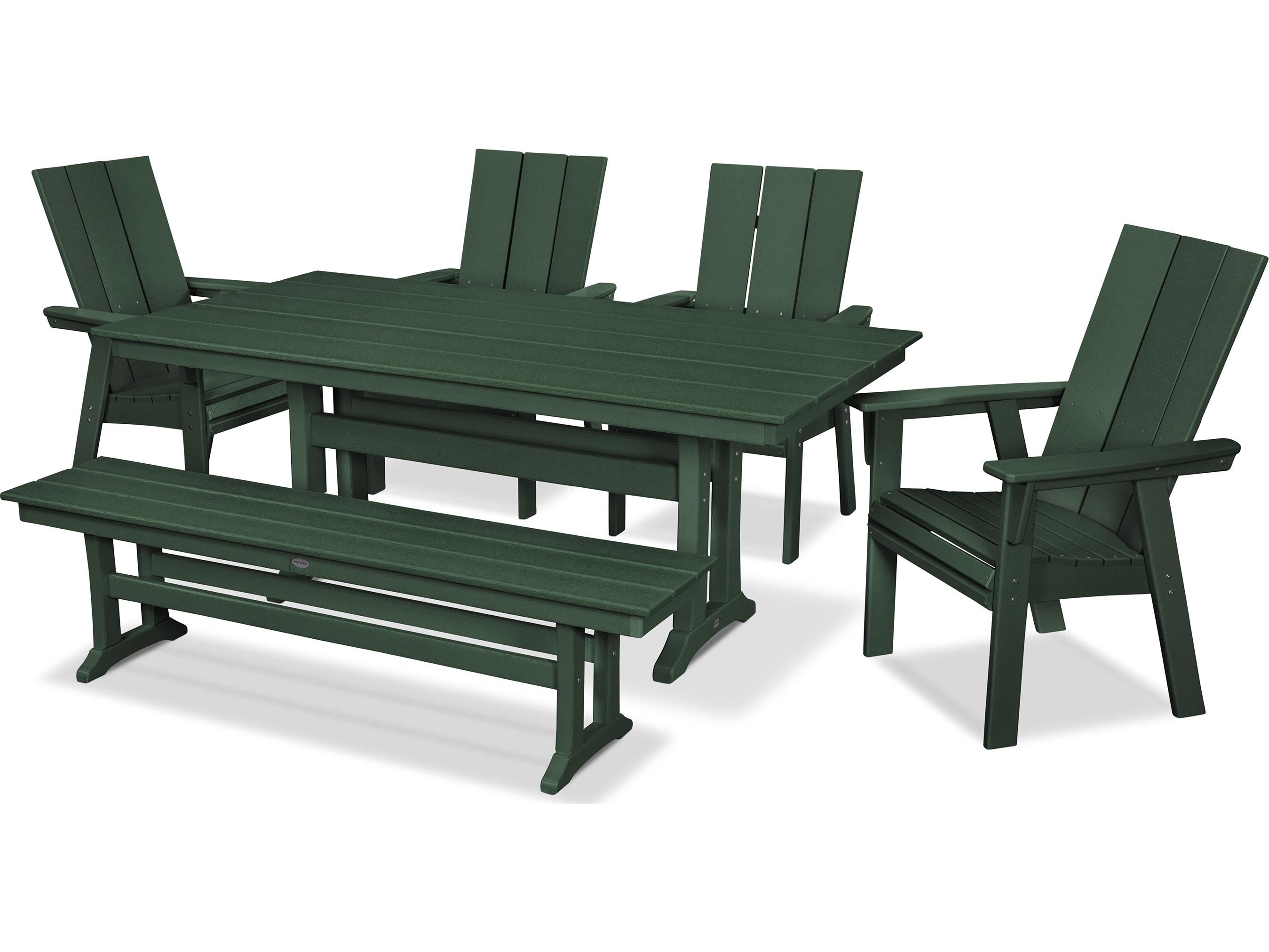 POLYWOOD® Modern Recycled Plastic 6 Piece Farmhouse Outdoor Patio Dining Set with Bench