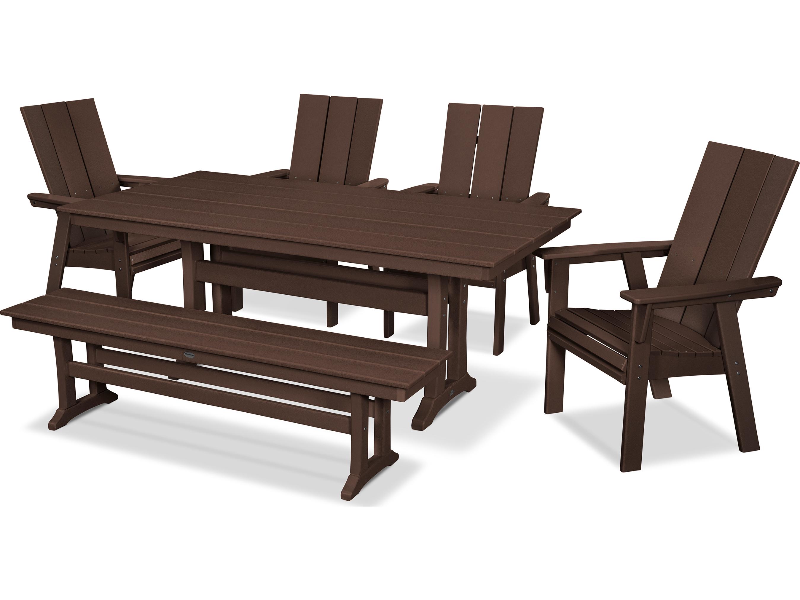 POLYWOOD® Modern Recycled Plastic 6 Piece Farmhouse Outdoor Patio Dining Set with Bench