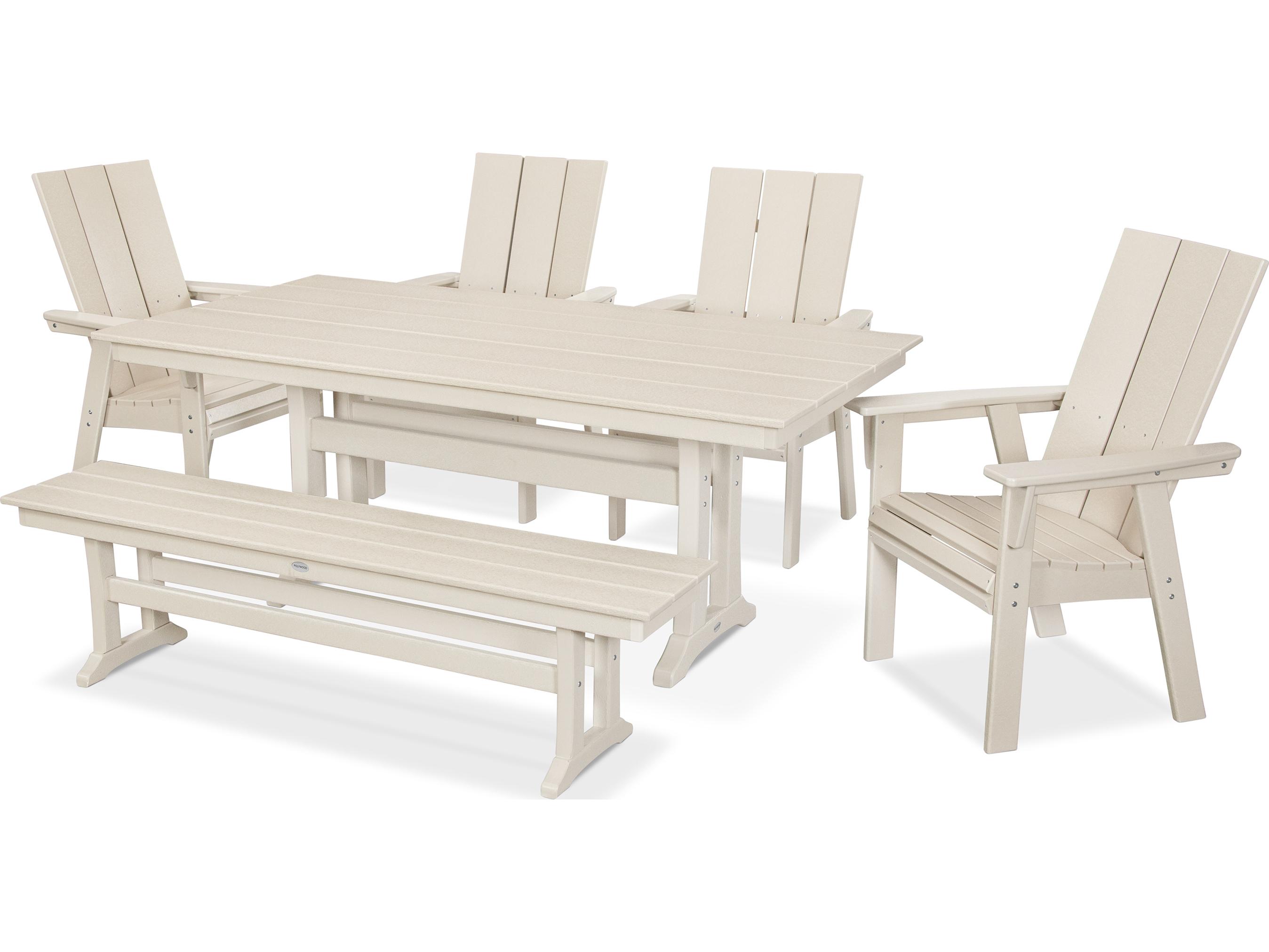 POLYWOOD® Modern Recycled Plastic 6 Piece Farmhouse Outdoor Patio Dining Set with Bench