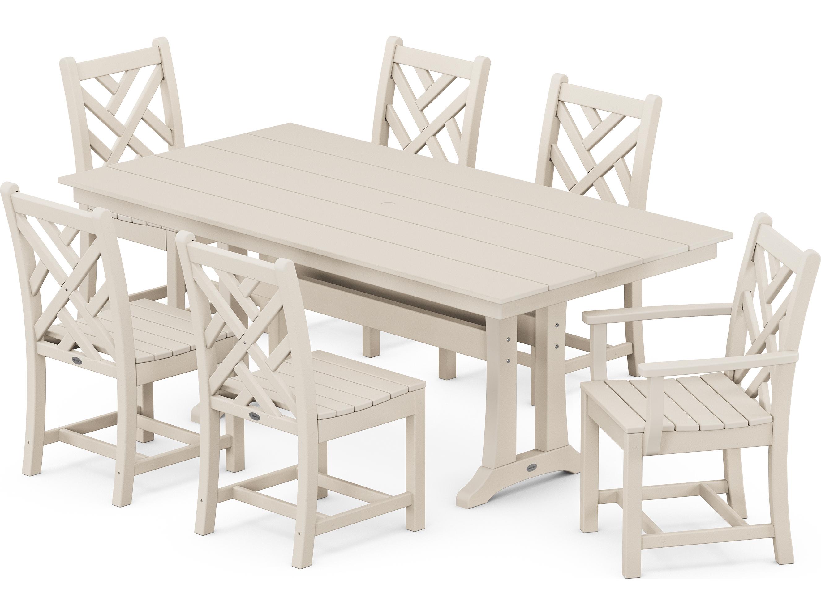 POLYWOOD® Chippendale Recycled Plastic 7 Piece Farmhouse Trestle Patio Dining Set
