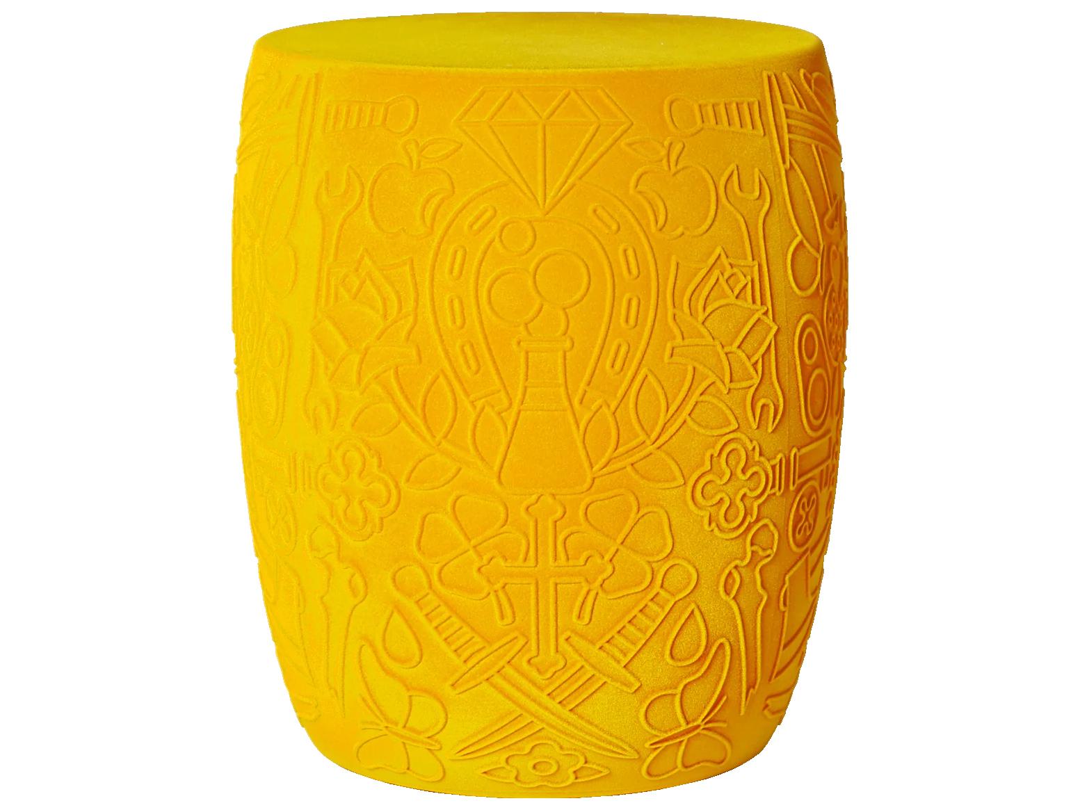 Qeeboo Mexico Dark Gold Velvet Upholstered Accent Stool and Side Table