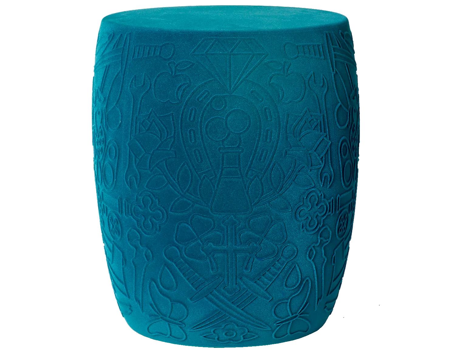 Qeeboo Mexico Light Blue Velvet Upholstered Accent Stool and Side Table