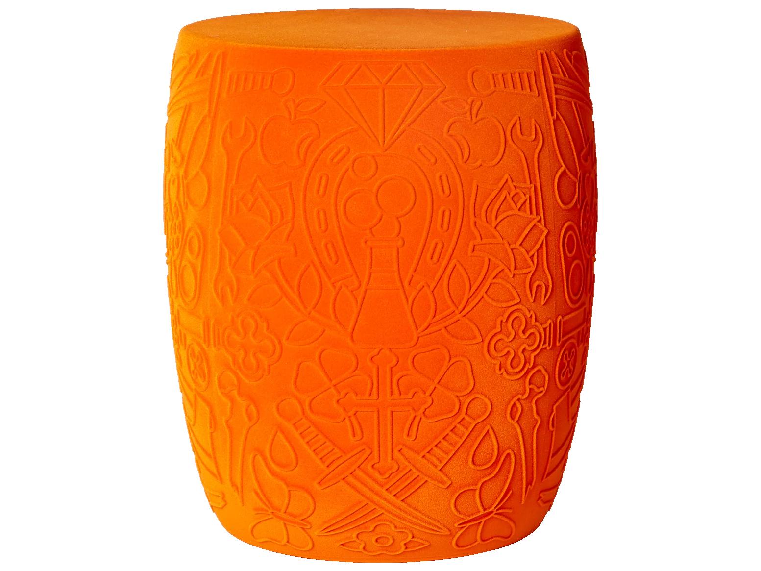Qeeboo Mexico Orange Velvet Upholstered Accent Stool and Side Table