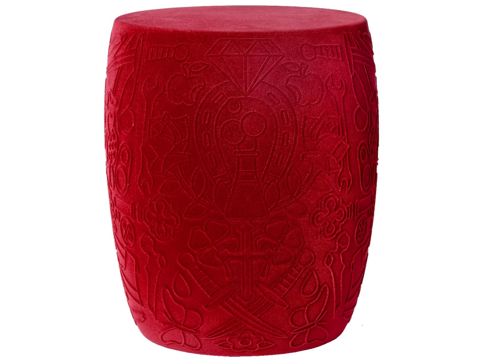Qeeboo Mexico Red Velvet Upholstered Accent Stool and Side Table