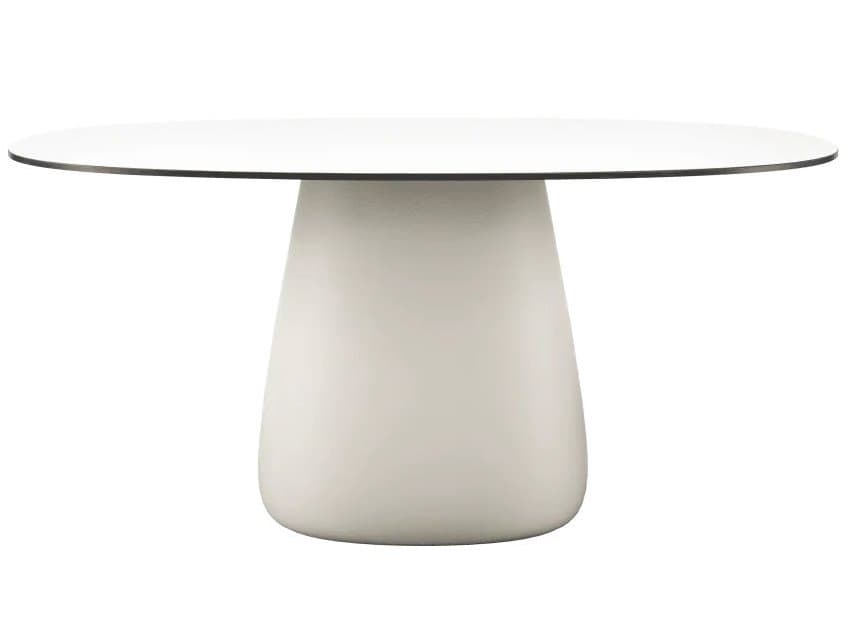 Qeeboo Outdoor Cobble Warm White Black Stratified Recycled Plastic Oval Dining Table