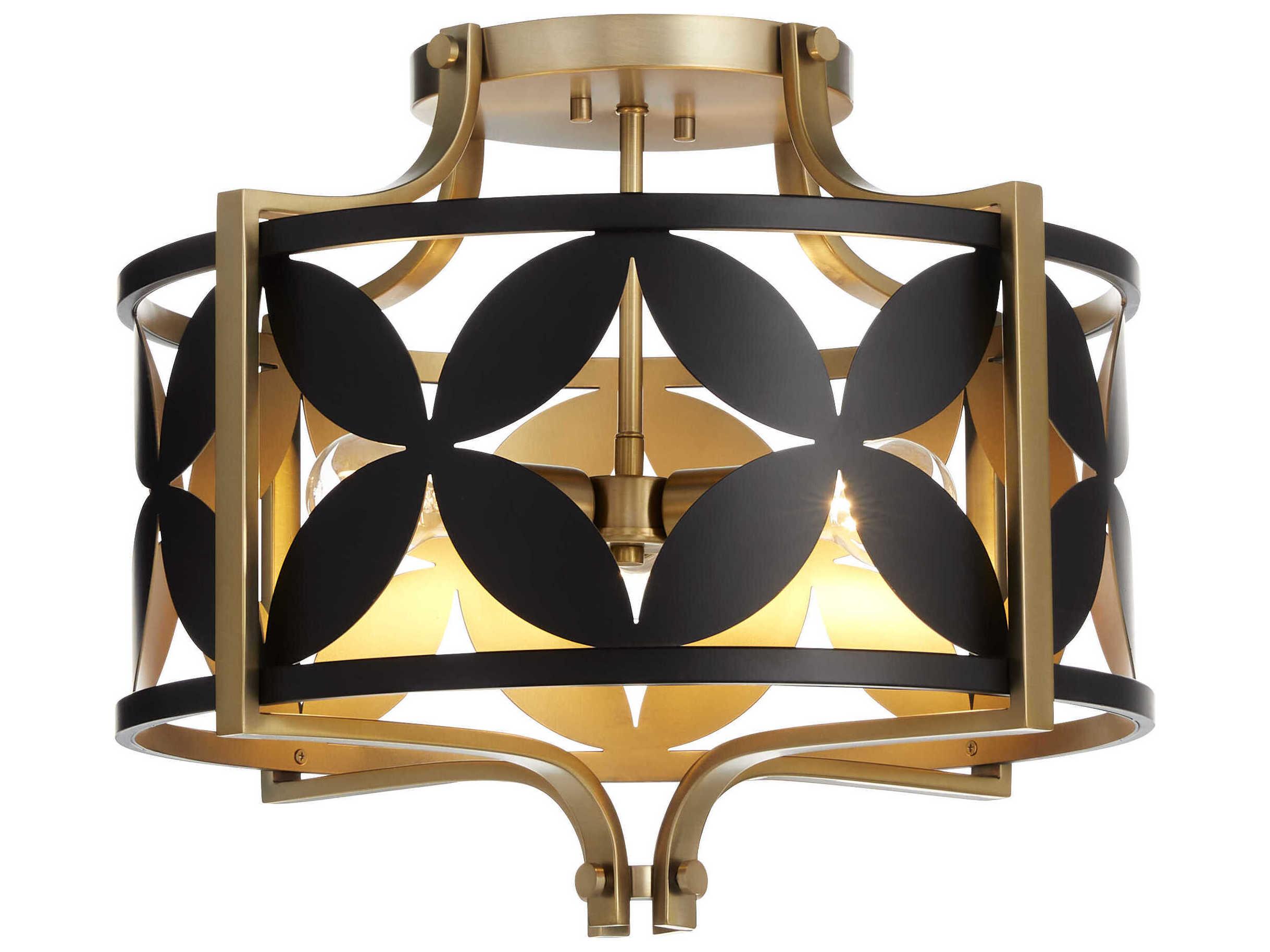 Quorum Mariposa 3-Light Matte Black Aged Brass Drum Geometric Semi Flush Mount