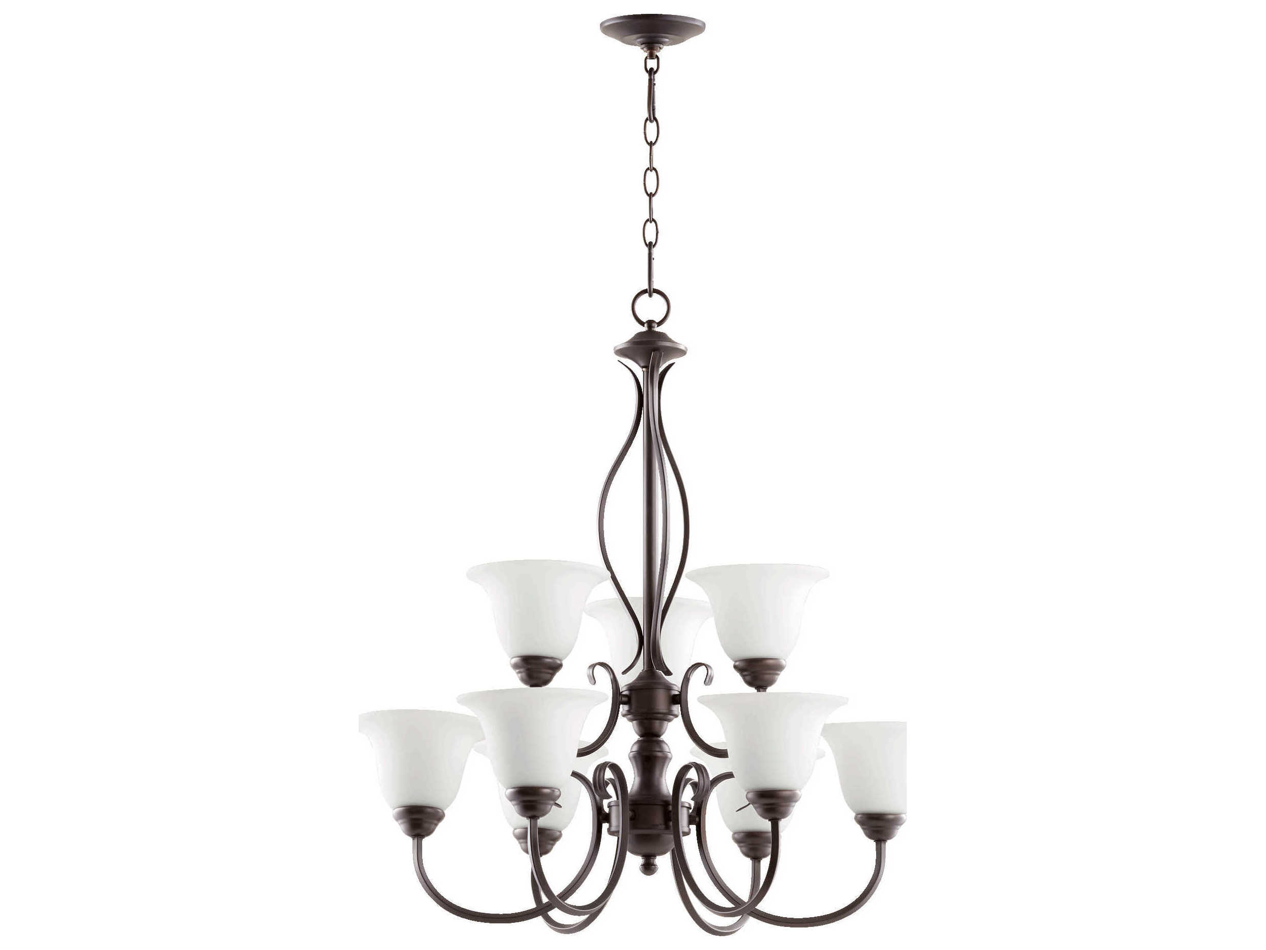 Quorum Spencer 9-Light Oiled Bronze With Satin Opal Glass Bell Tiered Chandelier