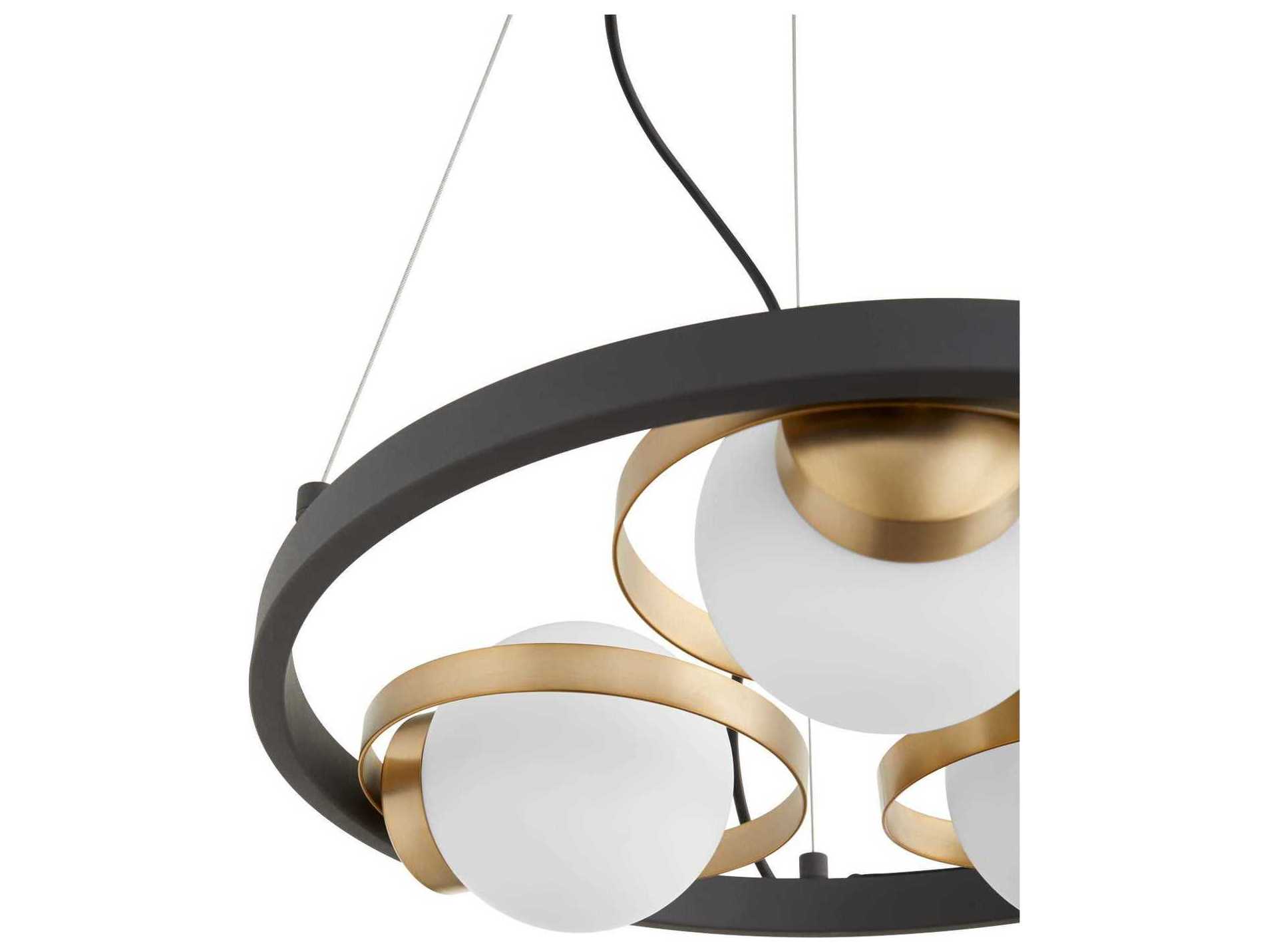 Quorum Nimbus 3-Light Textured Black Aged Brass Glass Candelabra Globe Chandelier