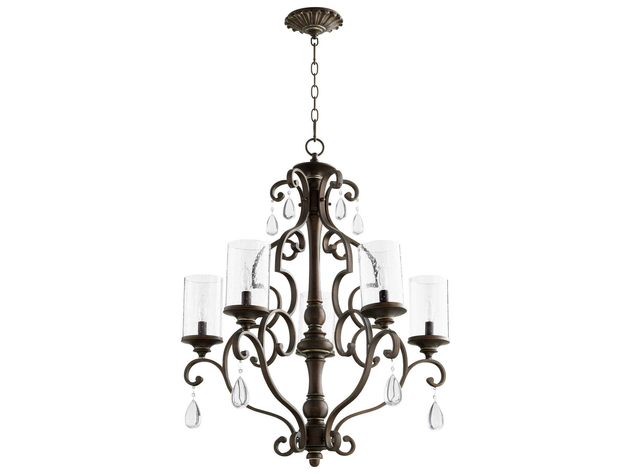 Quorum San Miguel 5-Light Vintage Copper Crystal Glass Candelabra Cylinder Tiered Chandelier