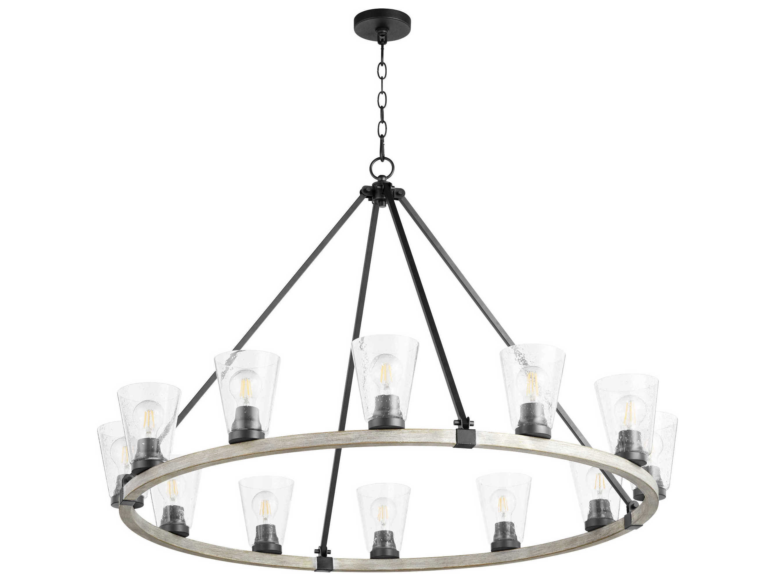 Quorum Paxton 12-Light Noir With Weathered Oak Black Glass Round Chandelier