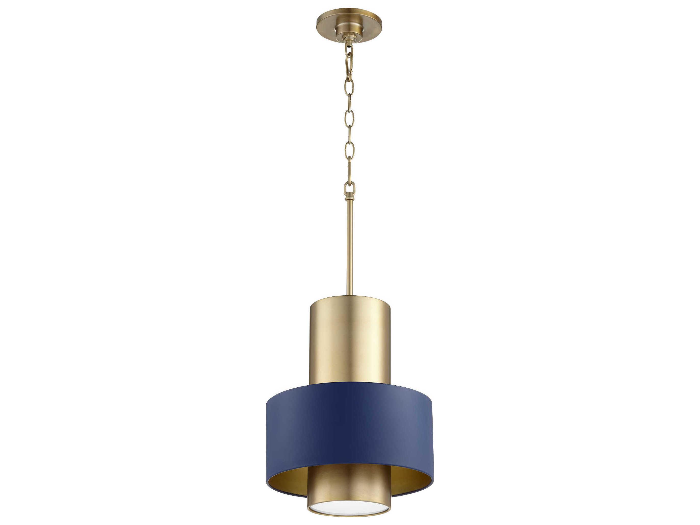 Quorum 1-Light Aged Brass With Blue Cylinder Mini Pendant