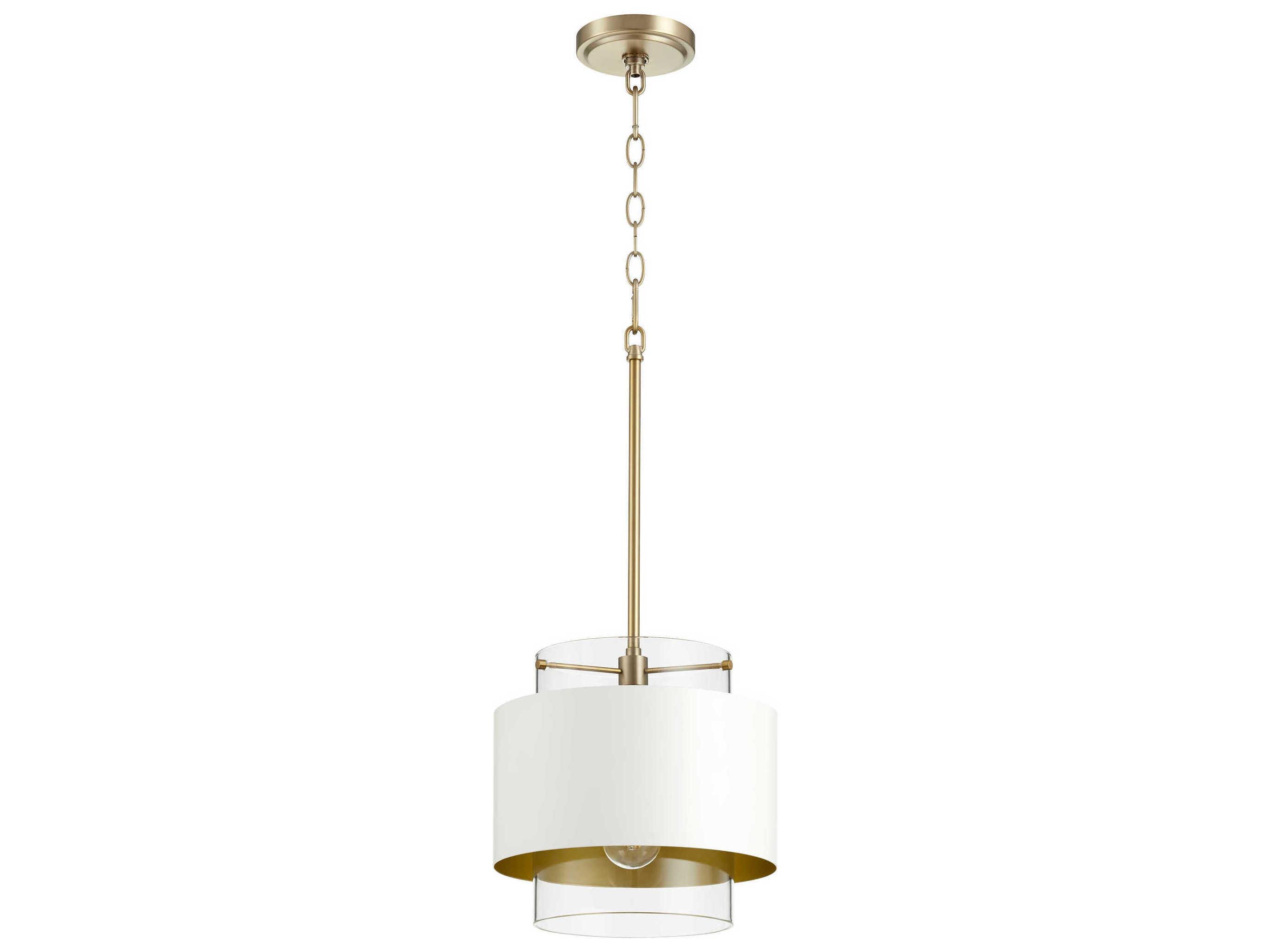Quorum 1-Light Aged Brass With Studio White Glass Cylinder Mini Pendant