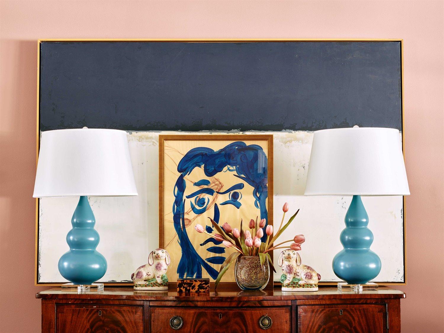 Robert Abbey Small Triple Gourd Steel Blue Glazed Table Lamp