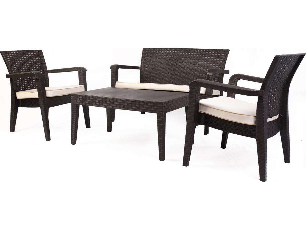 Rainbow Outdoor Alaska Resin Wicker Brown 4 Piece Lounge Set with Cushions Cream