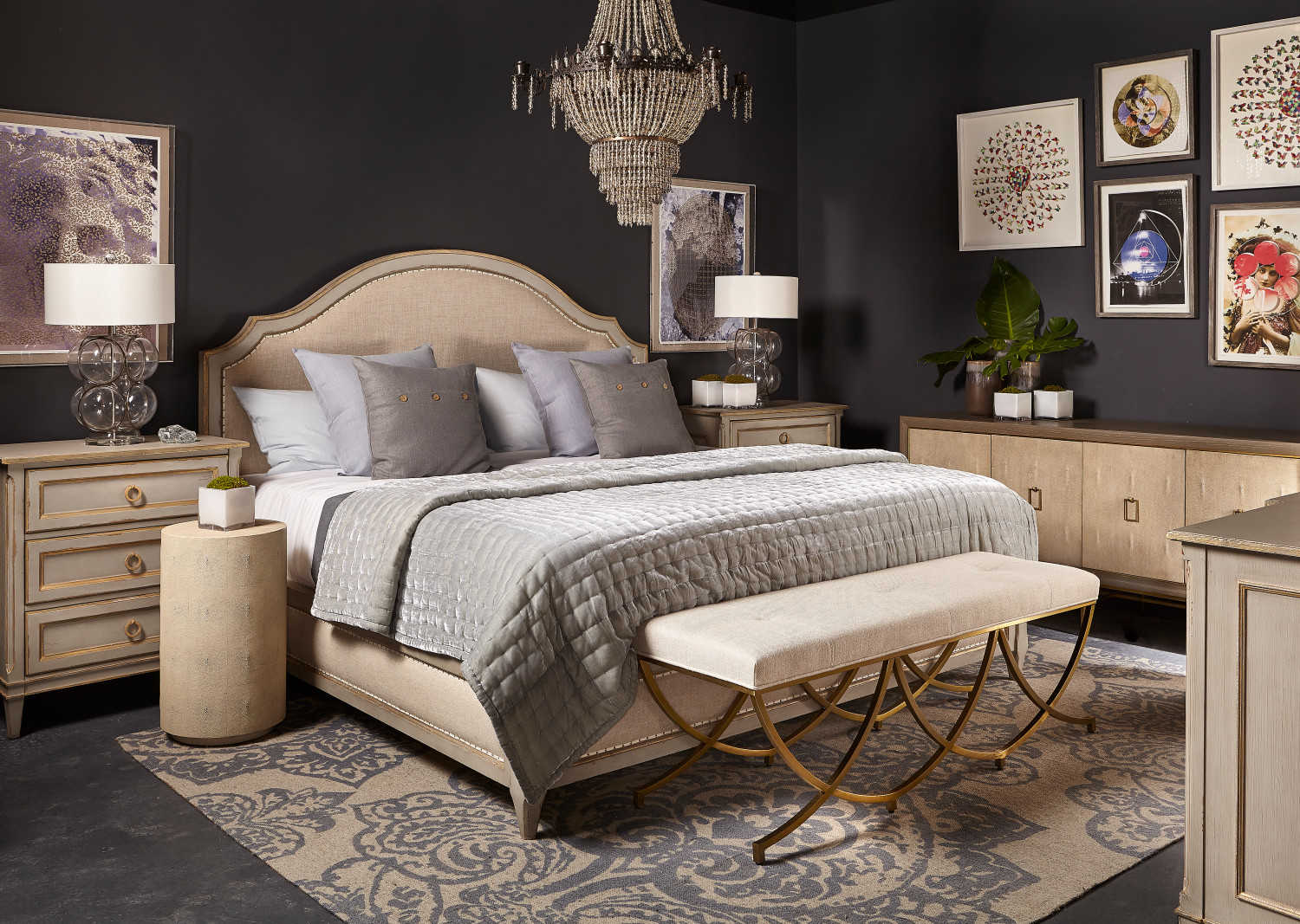 Sonder Living Olivia Textured Linen With Stain Brass Gold Upholstered Accent Bench