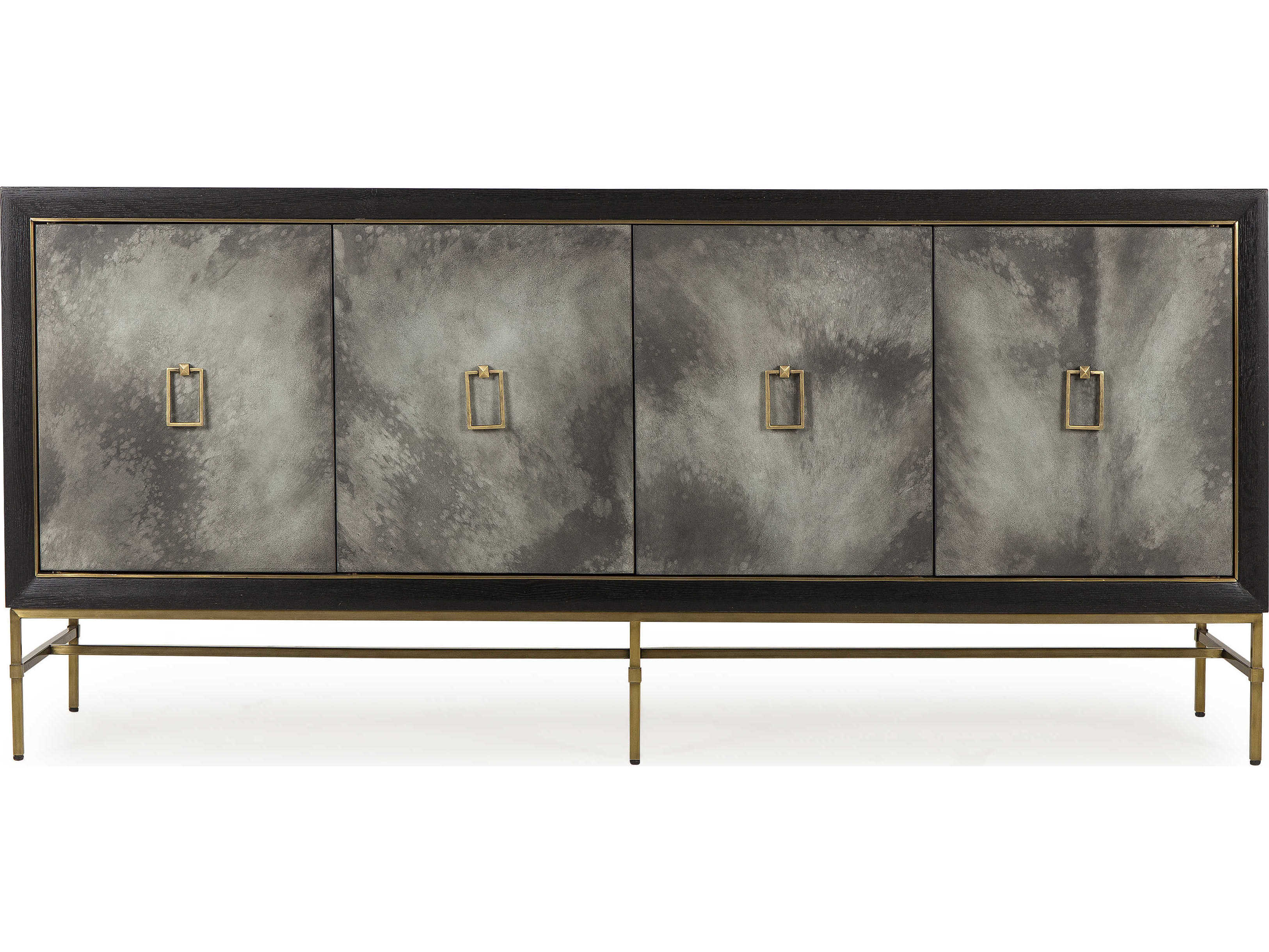 Sonder Living Levi 72" Beech Wood Ebonized Oak With Brass Accents And Charcoal Grey Faux Vellum Wrapped Doors Credenza Sideboard
