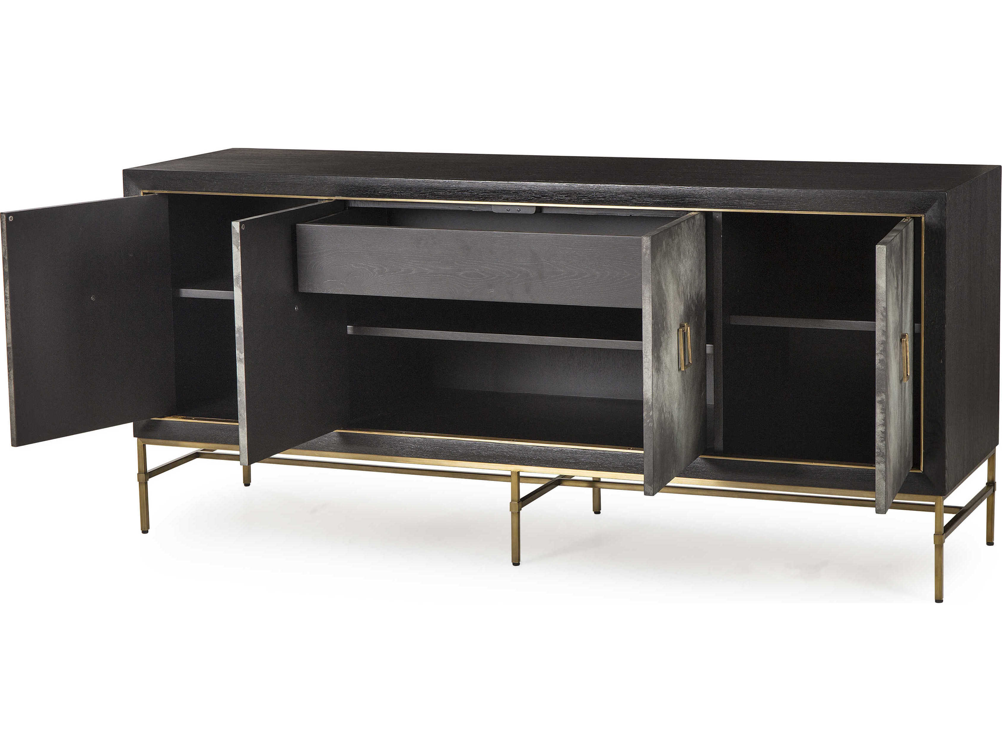 Sonder Living Levi 72" Beech Wood Ebonized Oak With Brass Accents And Charcoal Grey Faux Vellum Wrapped Doors Credenza Sideboard
