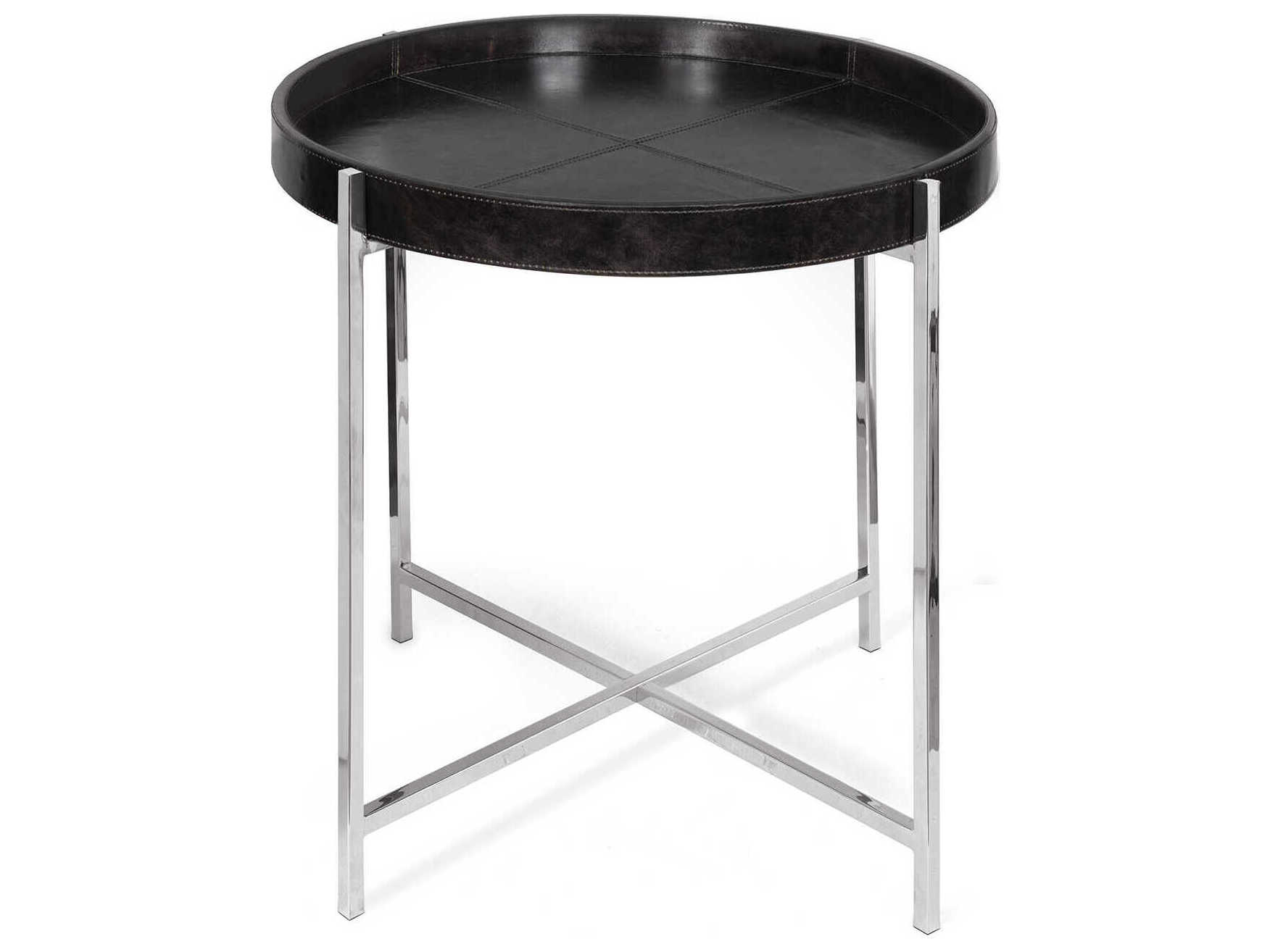 Regina Andrew Derby Round Leather Black Polished Nickel End Table