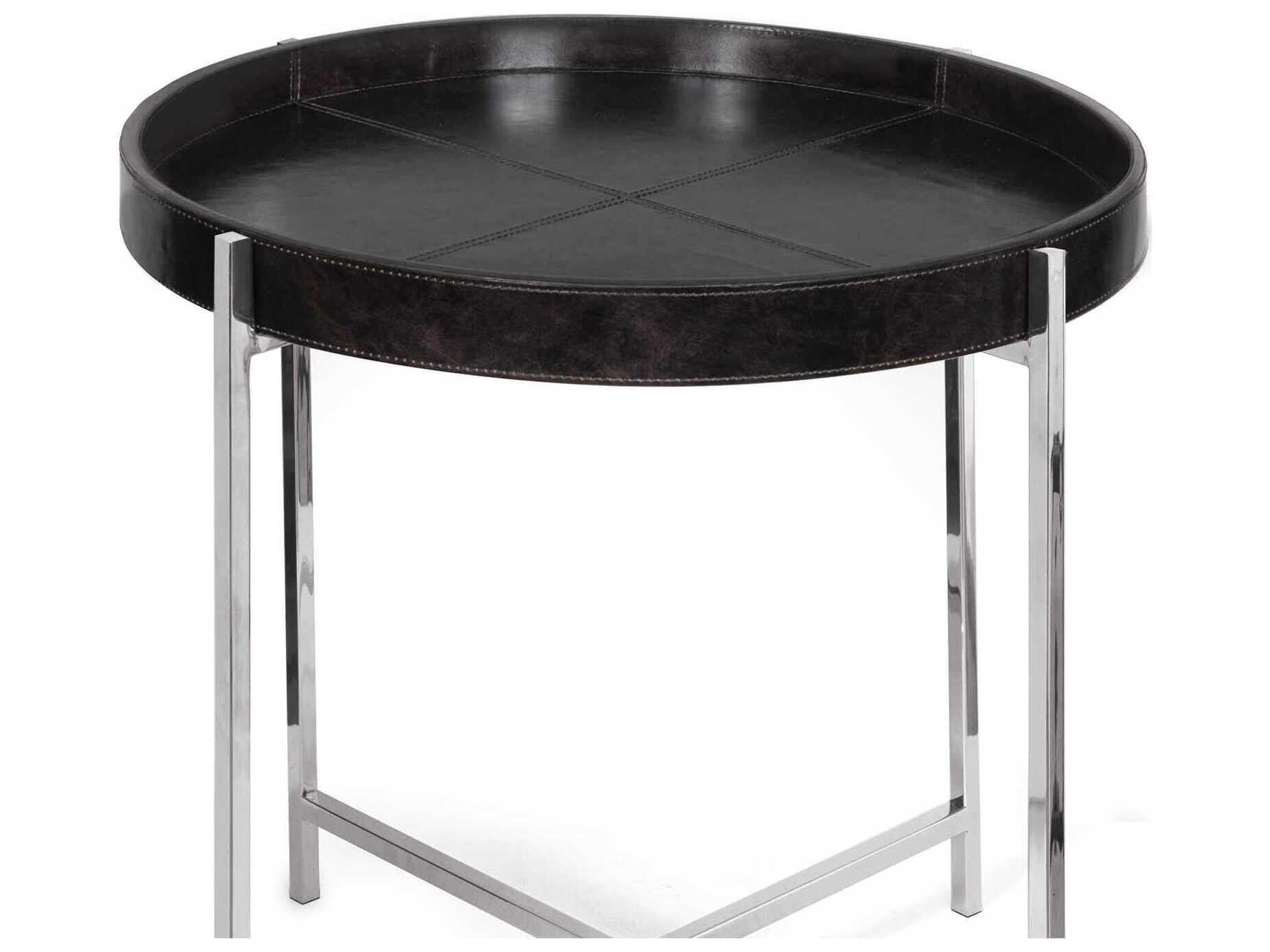 Regina Andrew Derby Round Leather Black Polished Nickel End Table