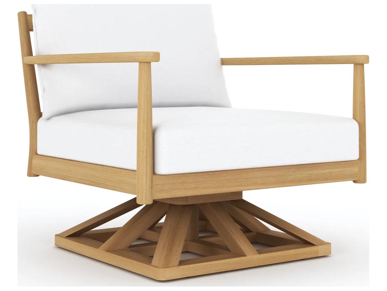 Royal Teak Collection Palma Teak Cushion Arm Swivel Lounge Chair in White Cushions