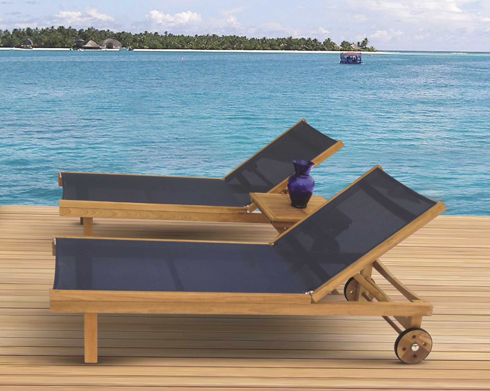 Royal Teak Collection Sundaze Navy Sling Adjustable Outdoor Patio Chaise Lounge