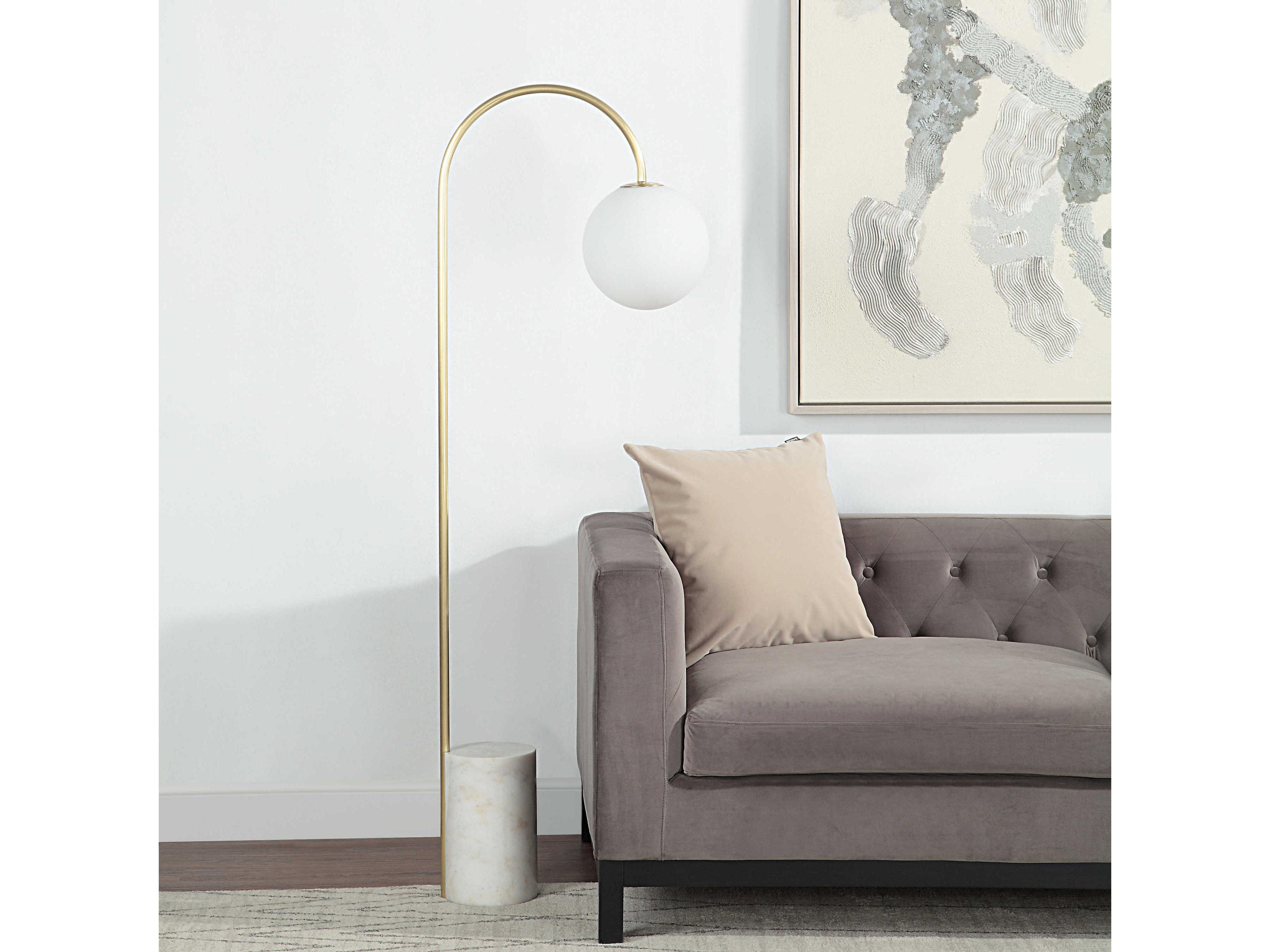 Renwil Merlot Satin Brass Etched White Glass Floor Lamp