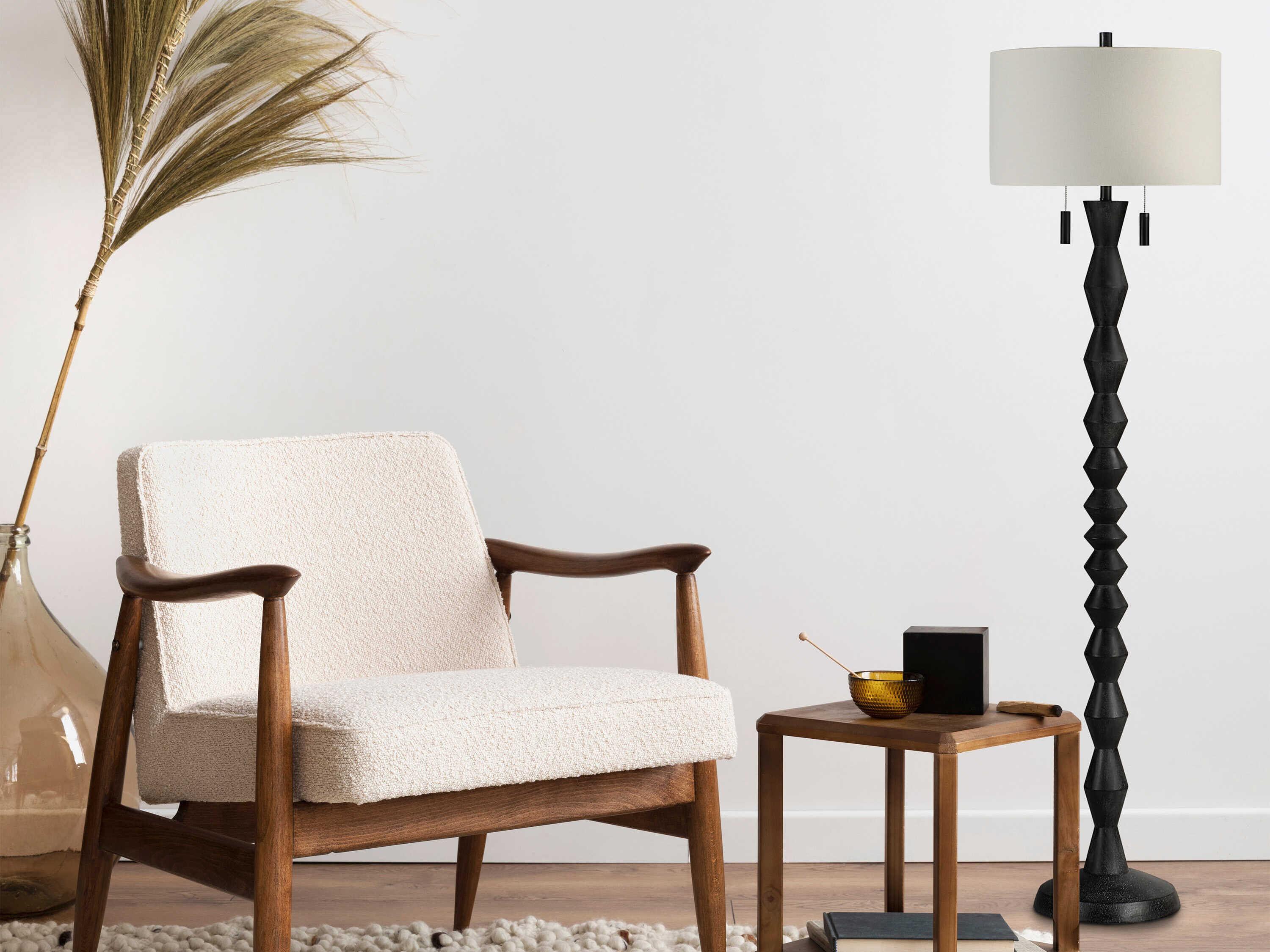 Renwil Phyllis Painted Matte Black Wash Cream Linen Floor Lamp