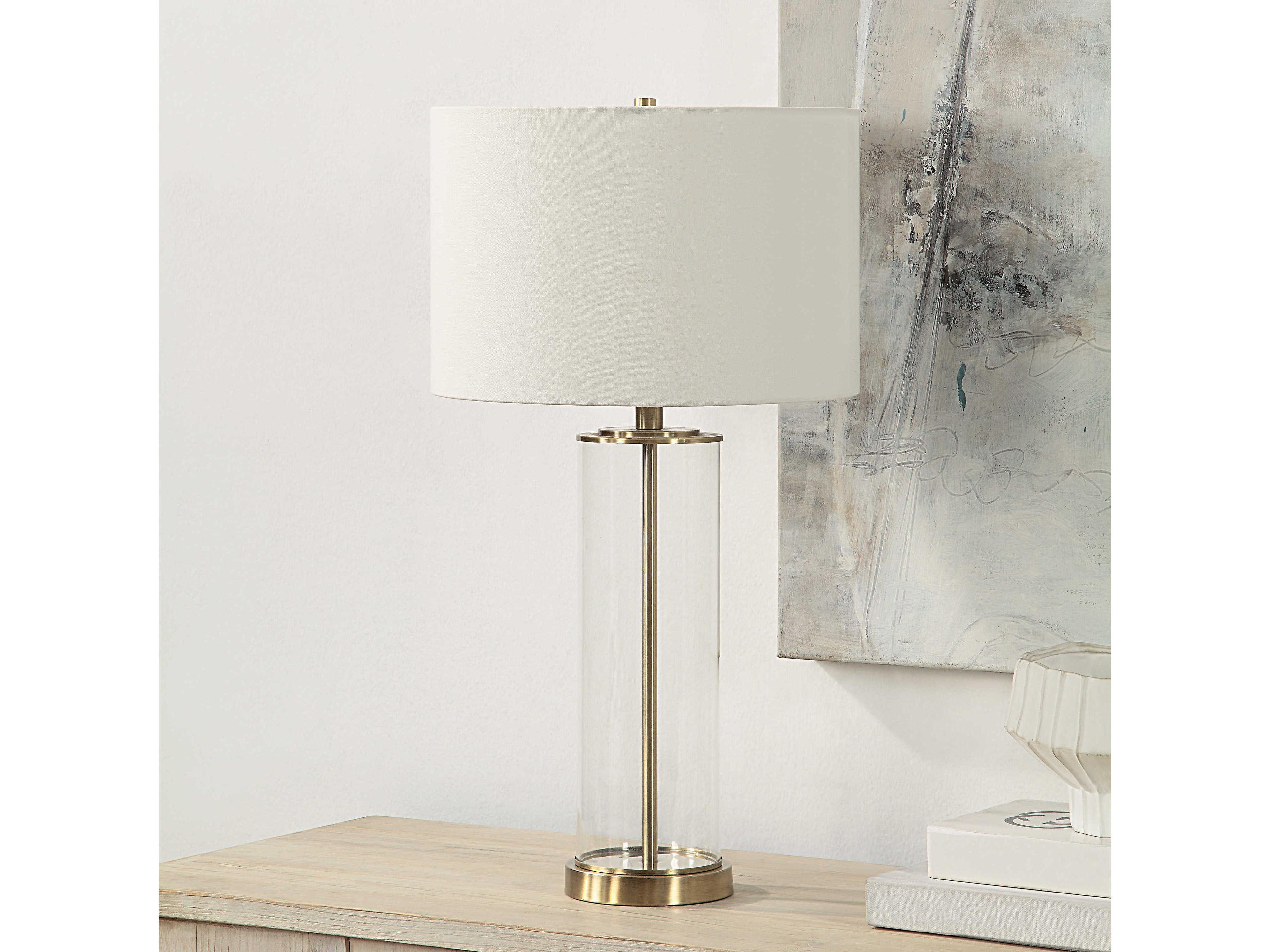 Renwil Saco Satin Brass Ivory Linen Buffet Lamp Set of 2