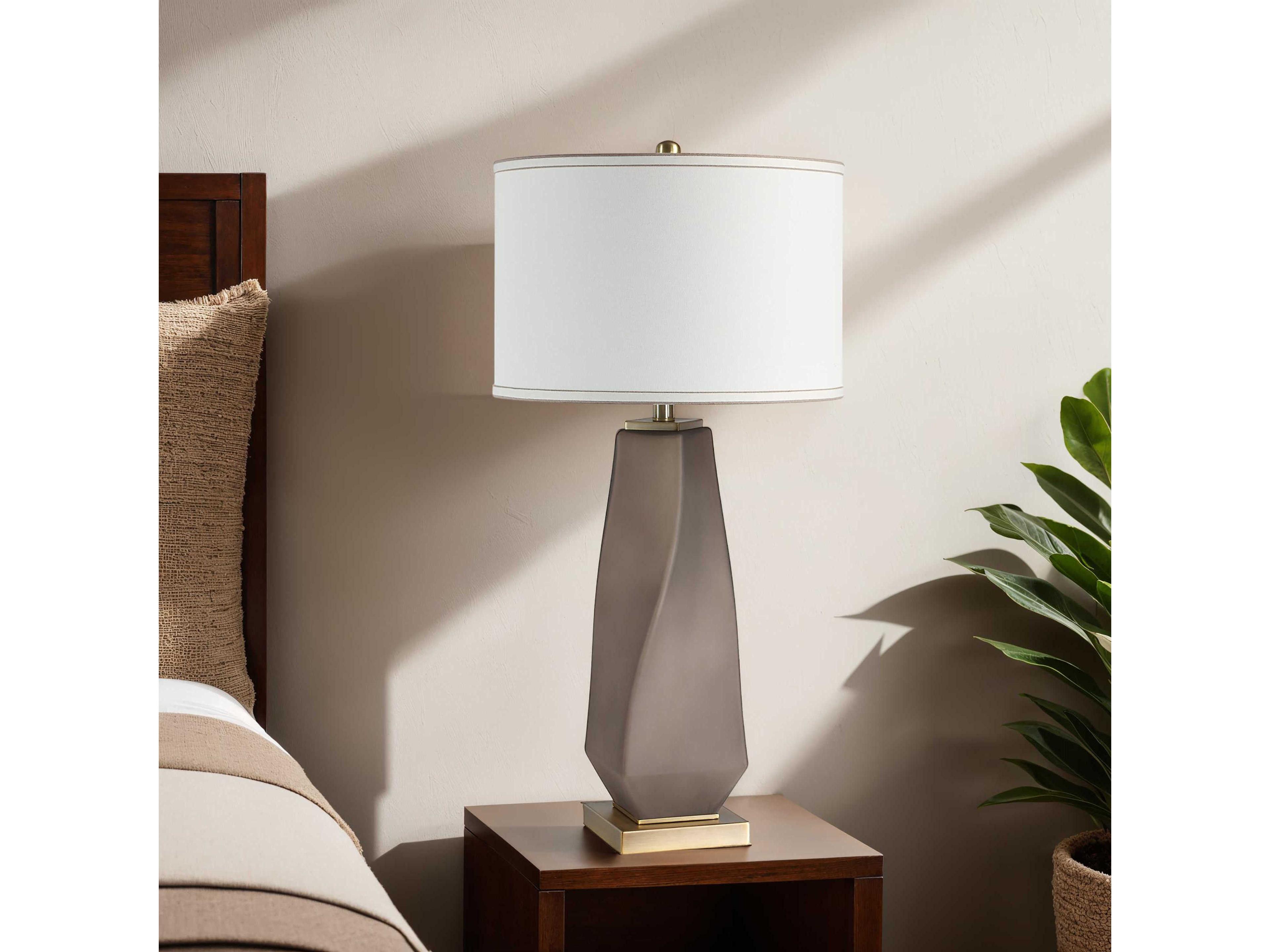 Renwil Mallorca Plated Smoke Gray Ivory Withbrown Trim Linen Buffet Lamp