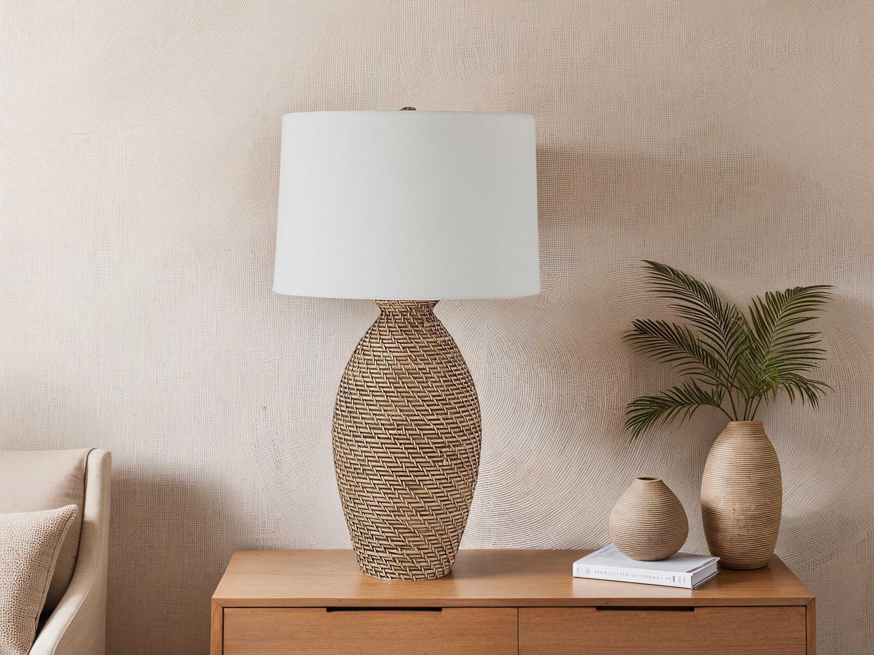 Renwil Santal Painted Natural Black Wash Ivory Linen Brown Buffet Lamp