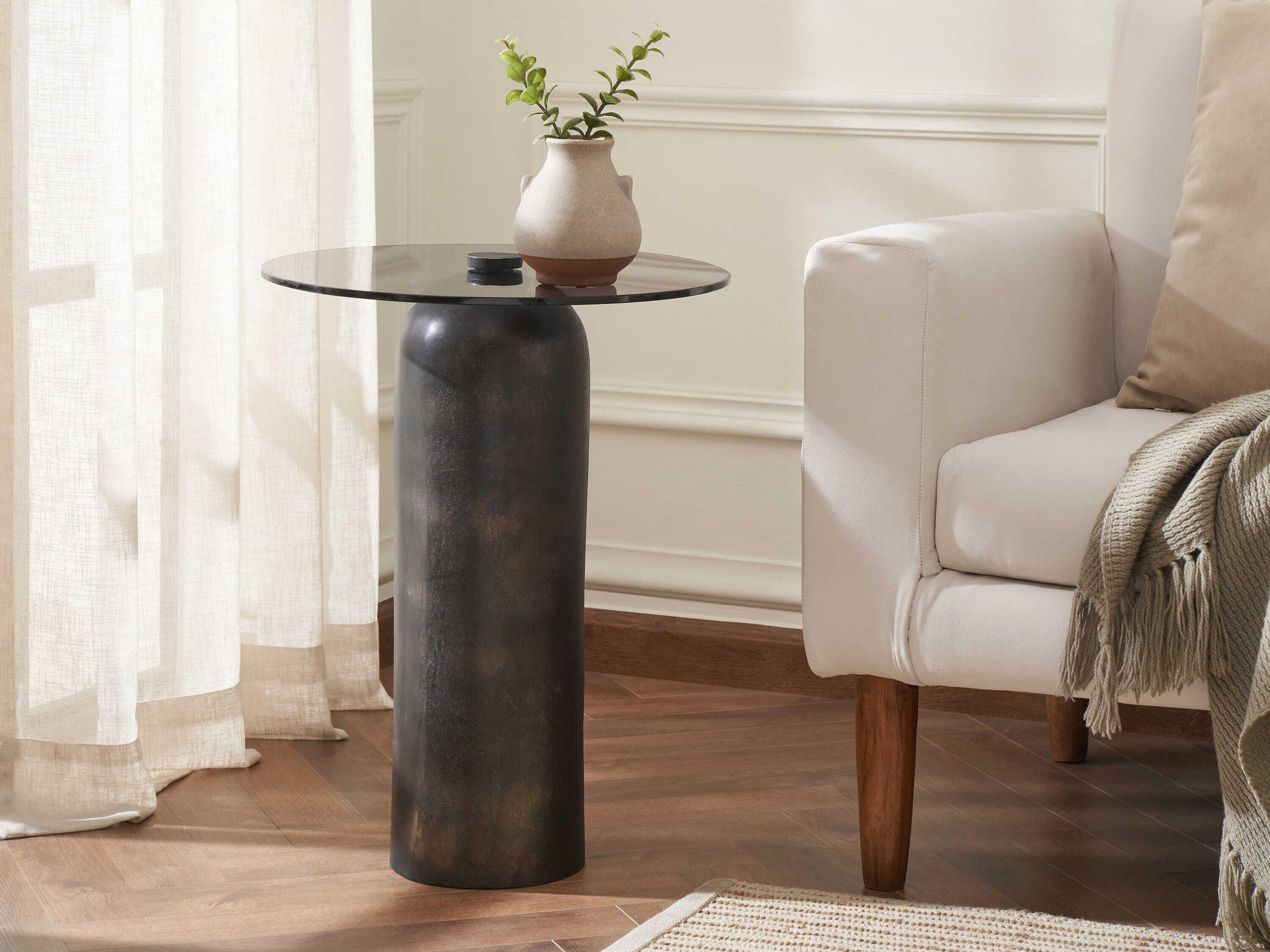 Renwil Arta Round Glass Charcoal Grey End Table