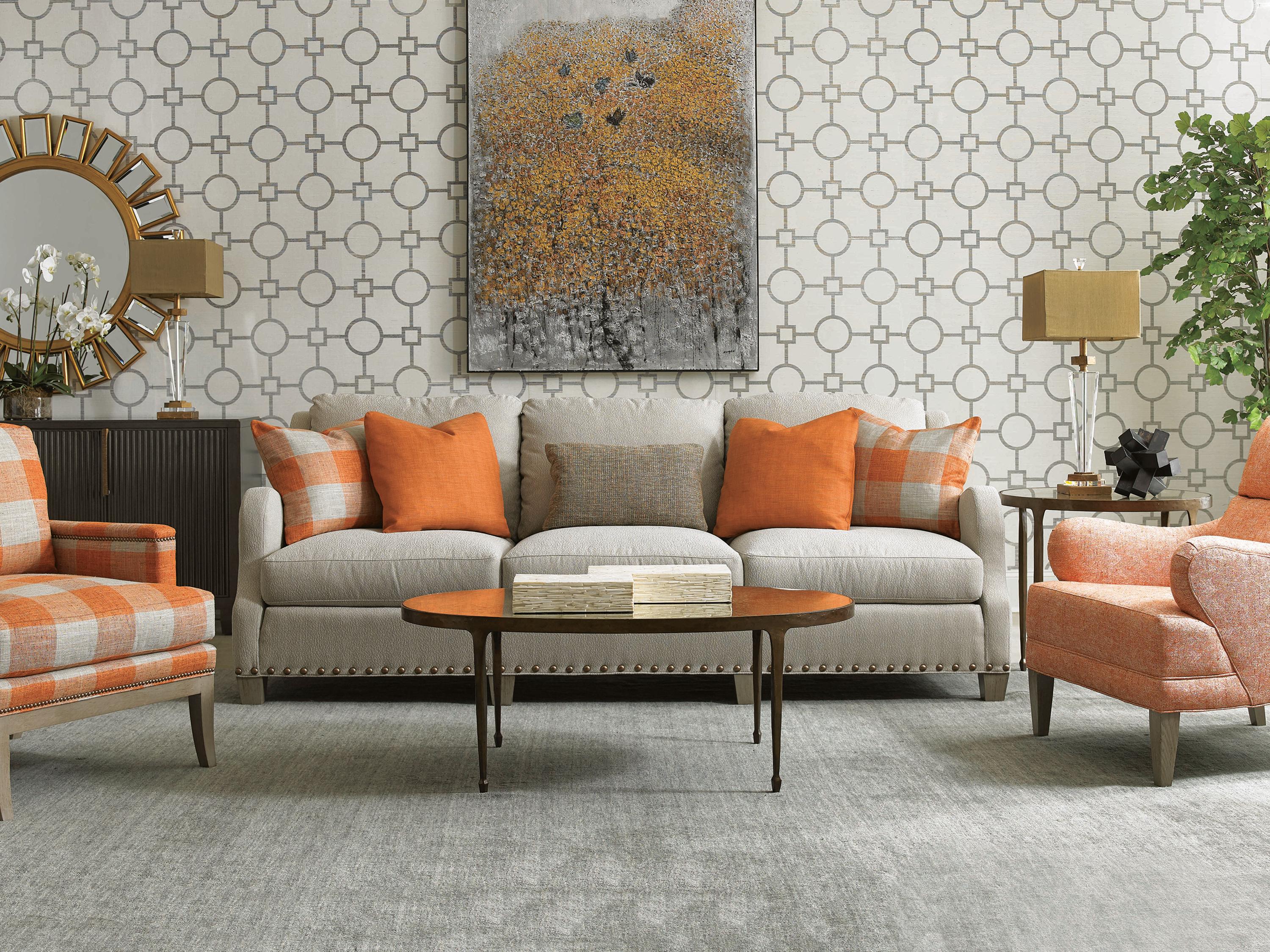 Sherrill Occasional Calvert Oval Glass Bronze Antiqued Mirror Cocktail Table