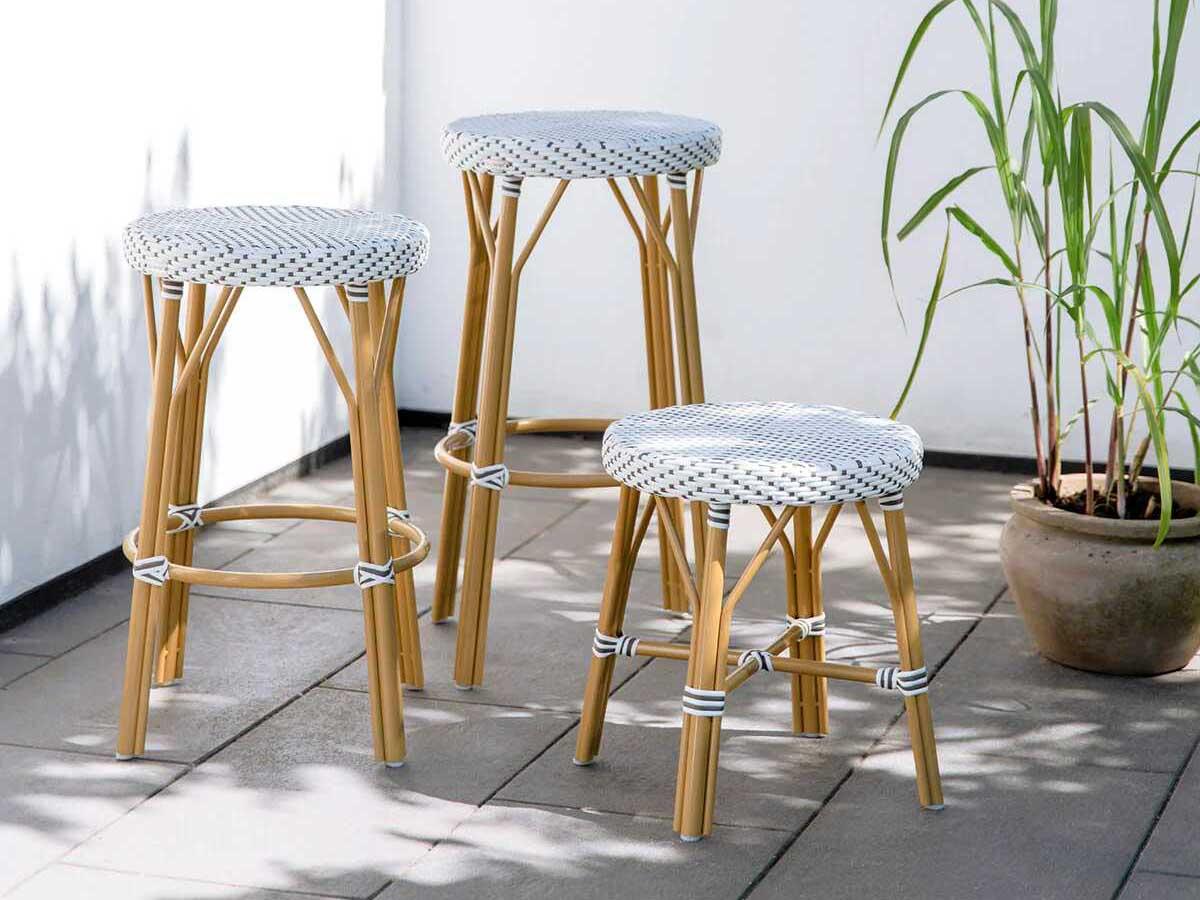 Sika Design Alu Affaire Aluminum Rattan Natural White with Cappuccino dot Almond Outdoor Counter Stool