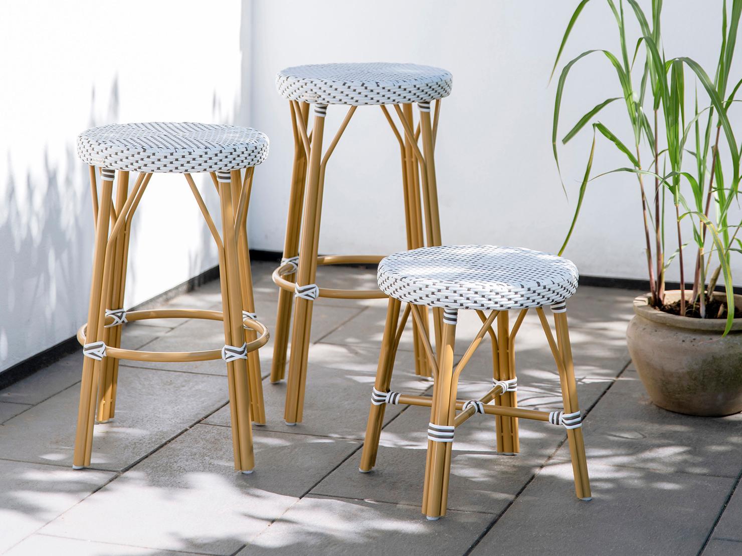 Sika Design Alu Affaire Aluminum Rattan Natural White with Cappuccino dot Almond Simone Outdoor Patio Bar Stool