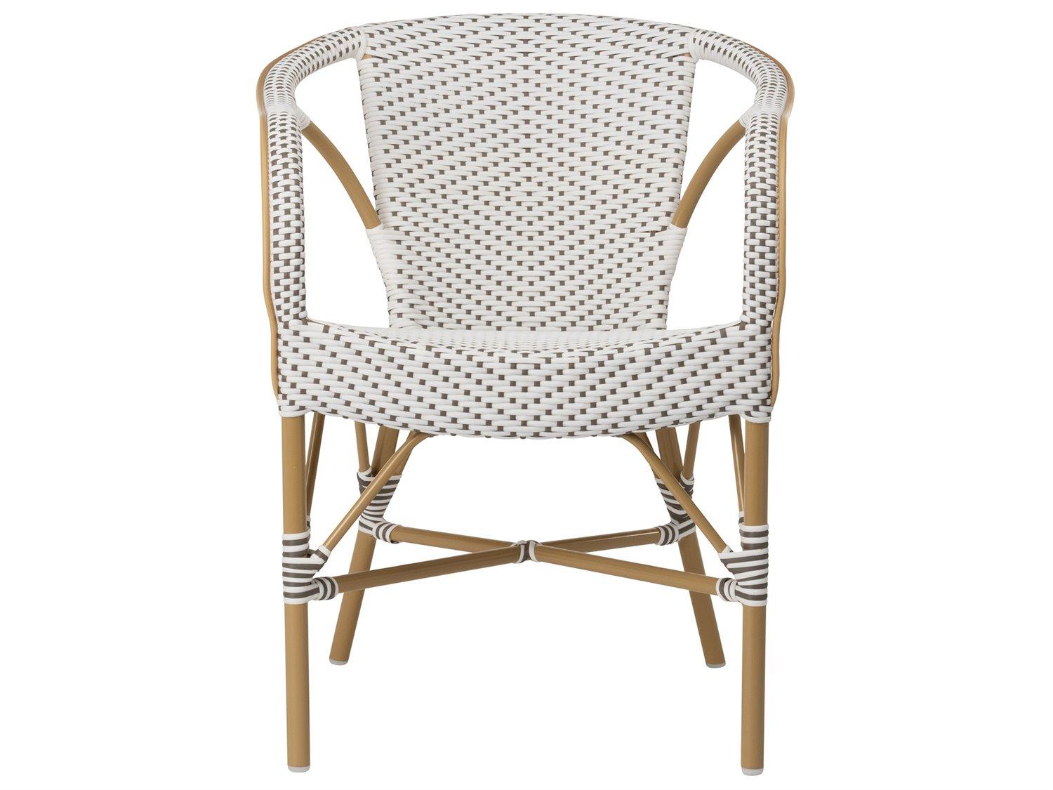 Sika Design Alu Affaire Aluminum Rattan Natural White with Cappuccino dot Almond Madeleine Stackable Outdoor Patio Dining Arm Chair