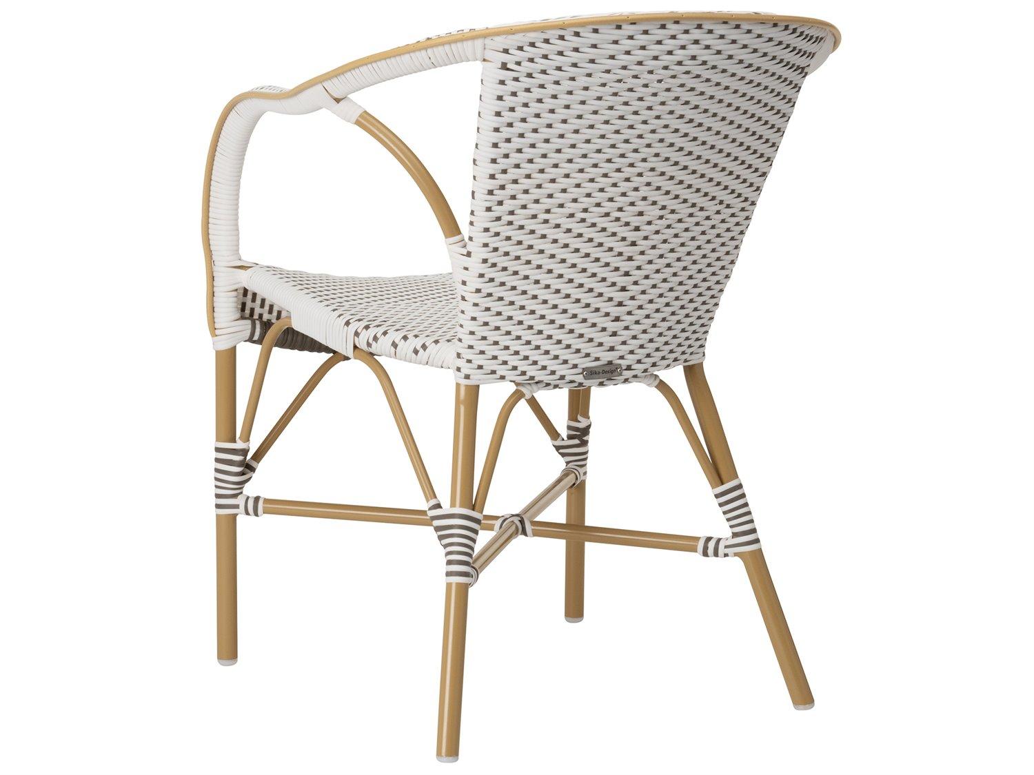 Sika Design Alu Affaire Aluminum Rattan Natural White with Cappuccino dot Almond Madeleine Stackable Outdoor Patio Dining Arm Chair