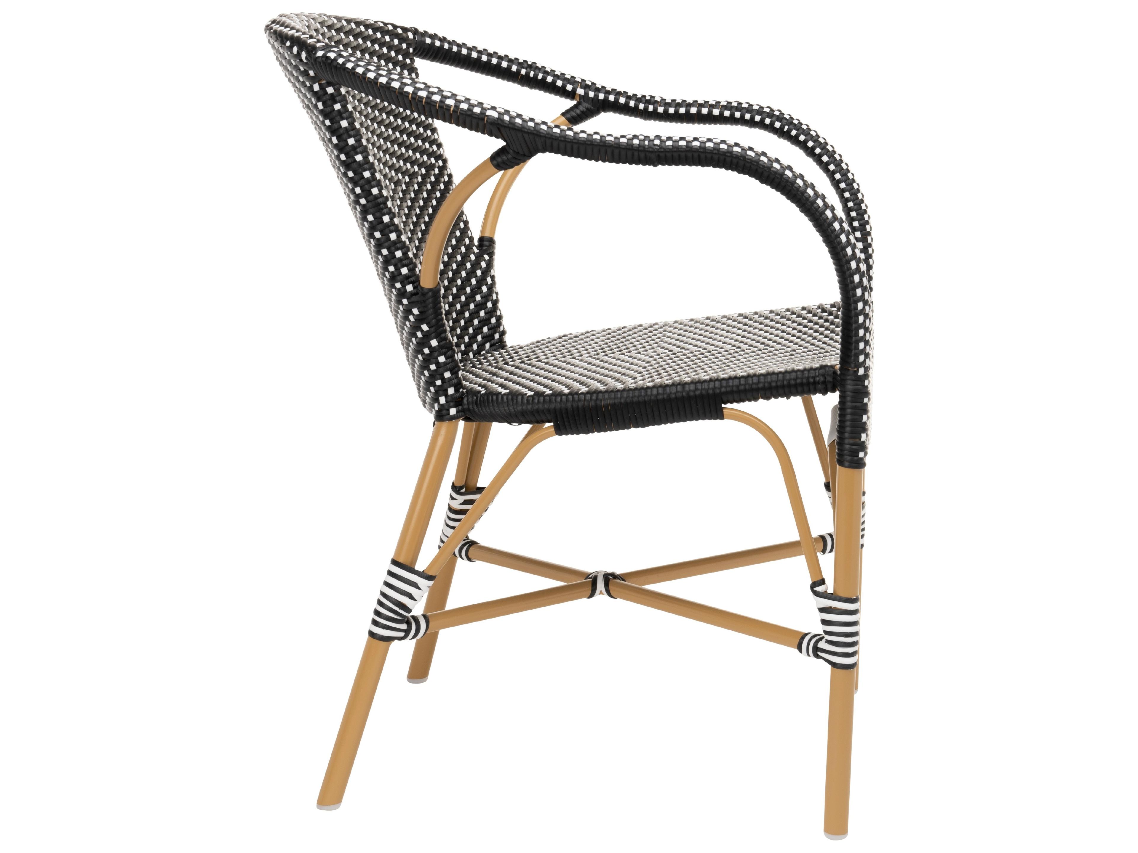 Sika Design Affaire Alu-Rattan Aluminum Wicker Almond Madeleine Stackable Outdoor Dining Arm Chair in Black with White Dots