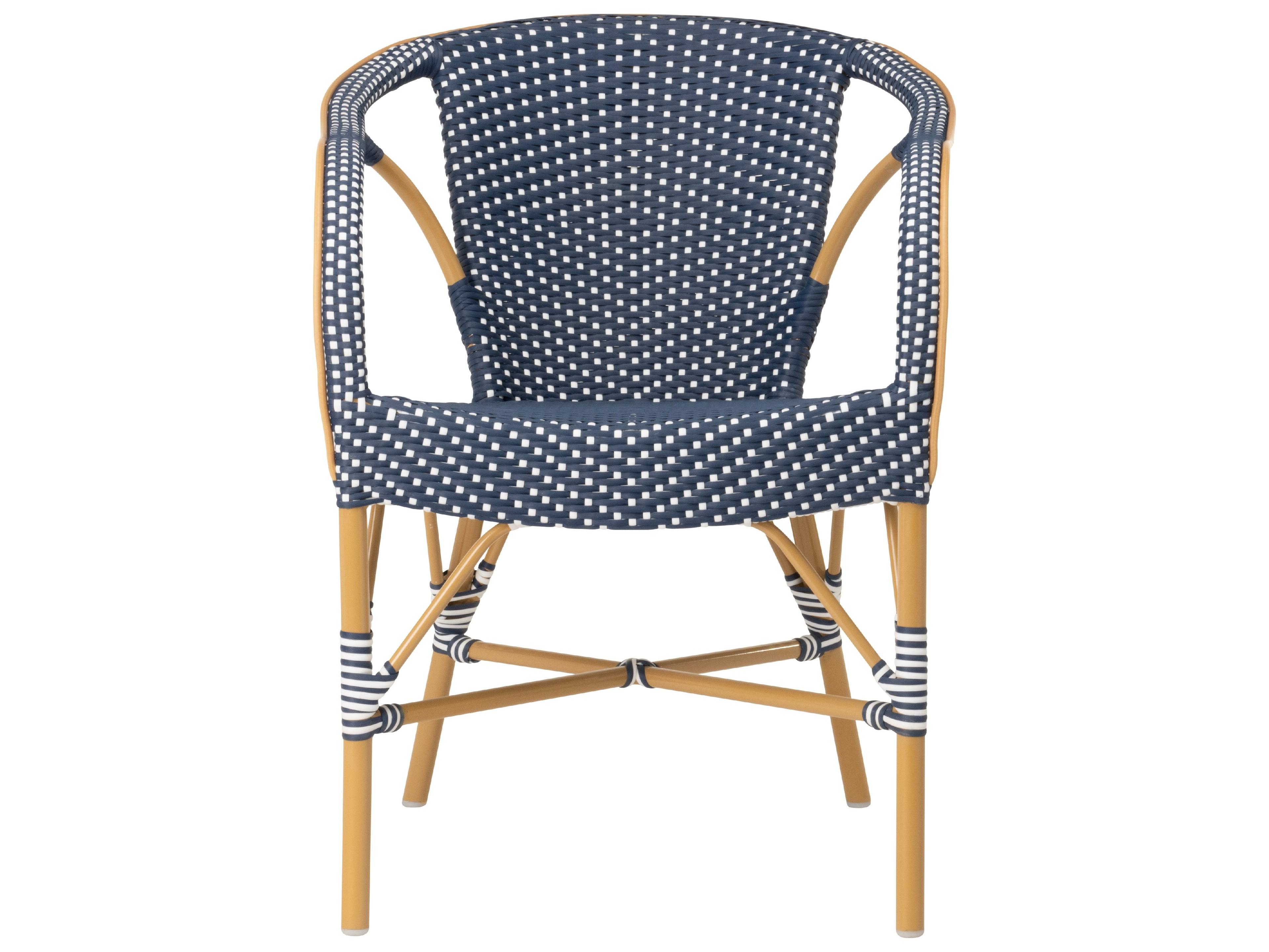 Sika Design Affaire Alu-Rattan Aluminum Wicker Almond Madeleine Stackable Patio Dining Arm Chair in Navy with White Dots