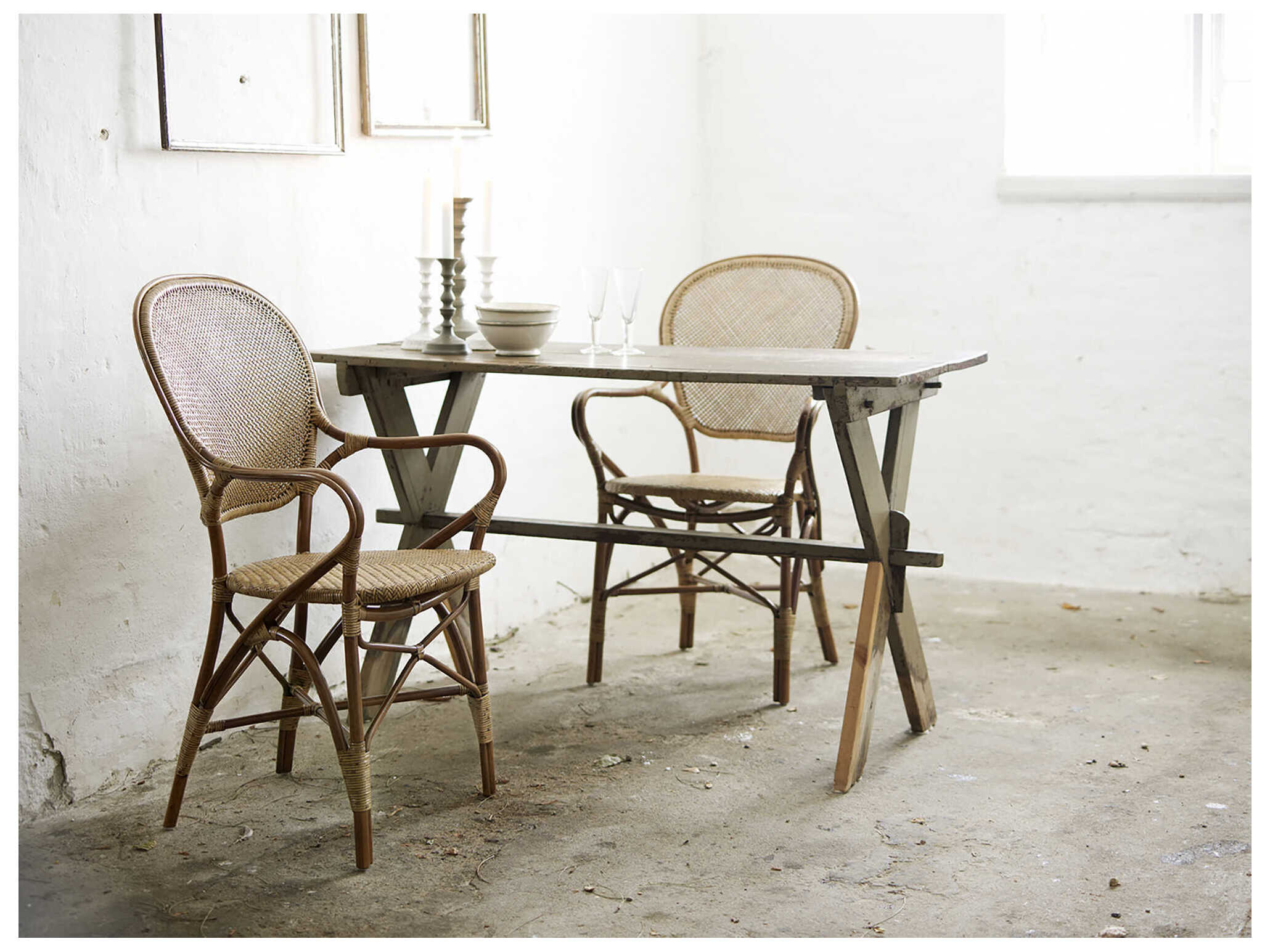 Sika Indoor Originals Rattan Brown Upholstered Arm Dining Chair & Sand Cushion Set