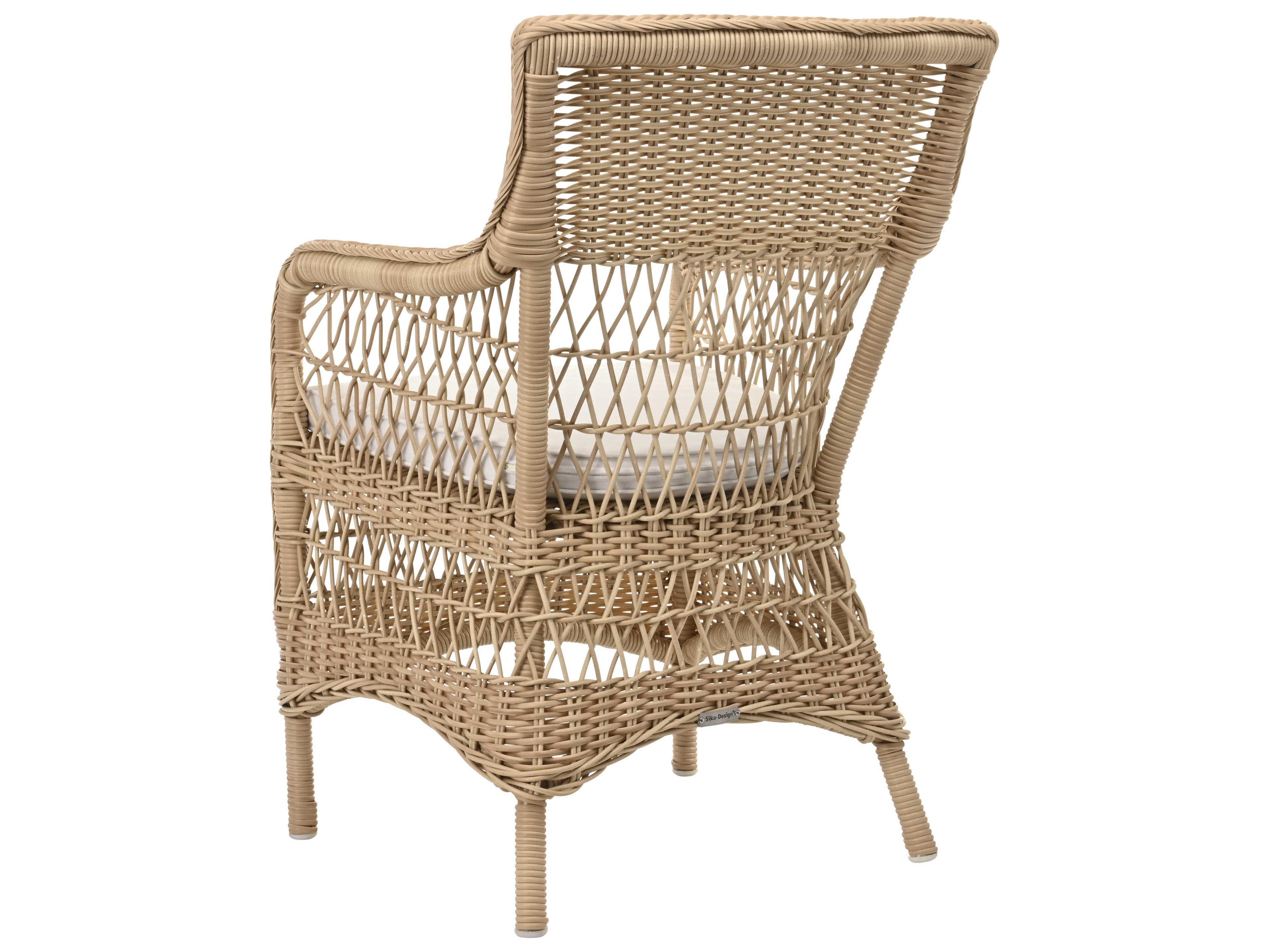 Sika Indoor Georgia Garden Marie Rattan White Upholstered Arm Dining Chair with Cushion