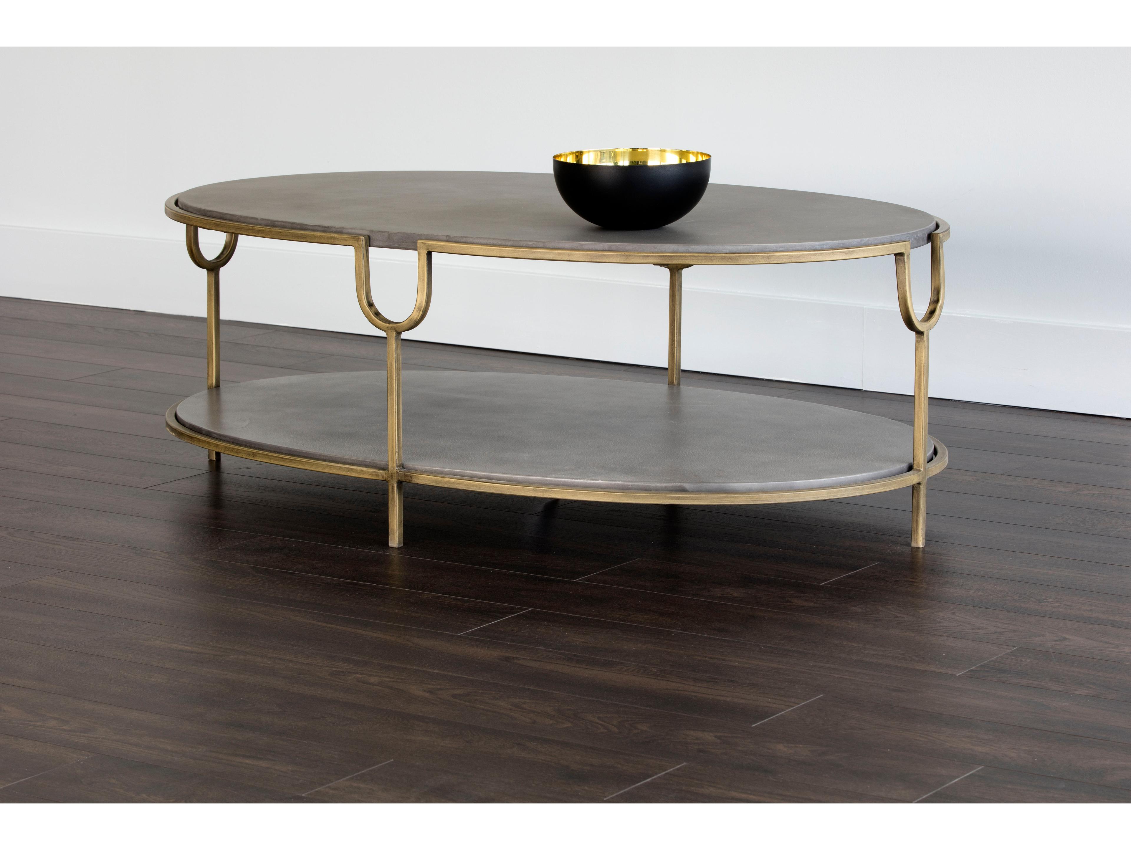 Sunpan Mixt Arya Oval Concrete Grey Antique Brass Coffee Table